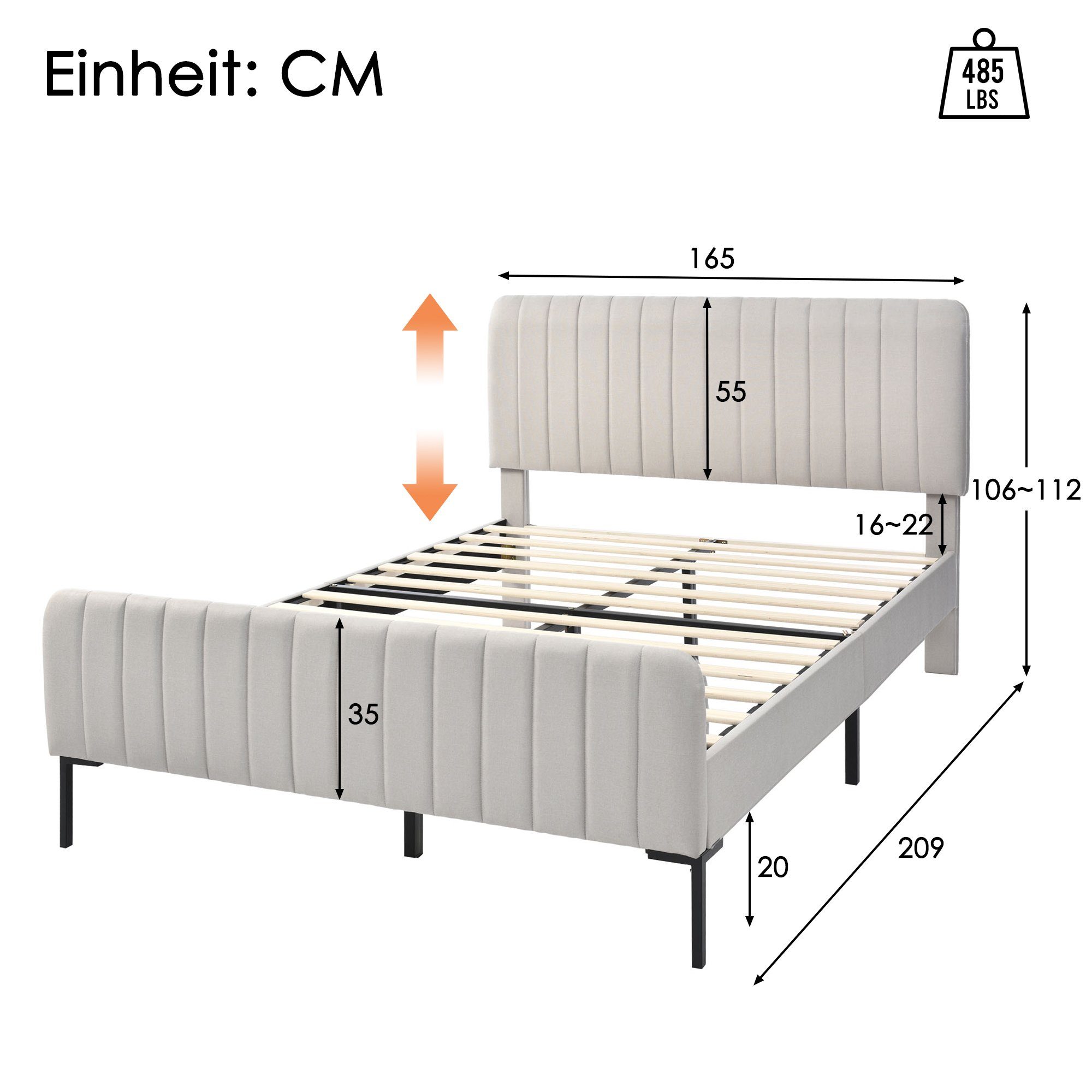 Polsterbett (Doppelbett 160x200 cm), verstellbares Kopfteil, stabiler Lattenrost, Leinen