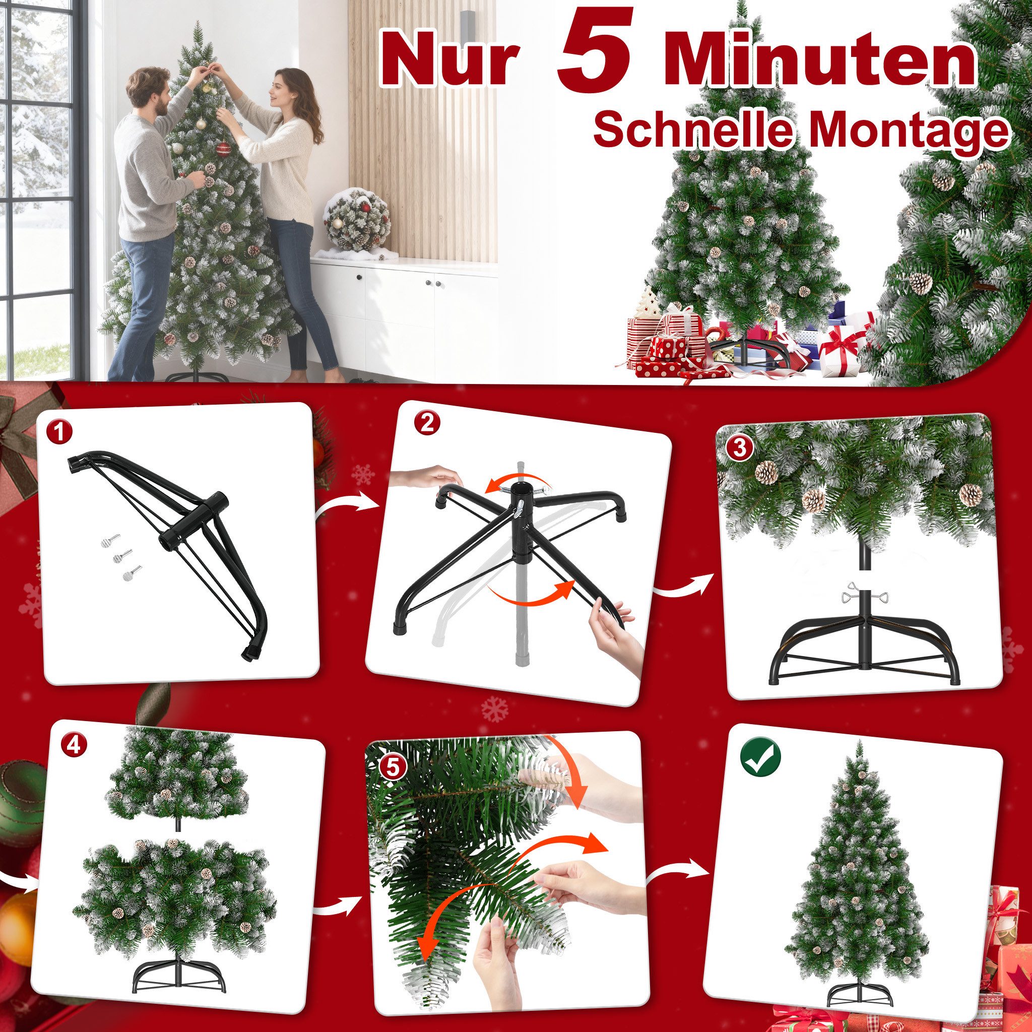FIVMEN Künstlicher Weihnachtsbaum Künstlicher Weihnachtsbaum PVC Tannenbaum Christbaum mit Schnee-Effekt, Metallständer Bodenschutz Faltbare Zweige für festlich – Bild 4 von 5