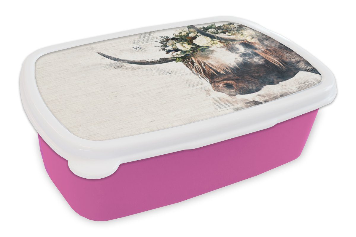 Lunchbox Schottische Blumen, Kunststoff MuchoWow - Mädchen, Brotdose Snackbox, Highlander Erwachsene, Kunststoff, - rosa Kühe Brotbox (2-tlg), Kinder, für