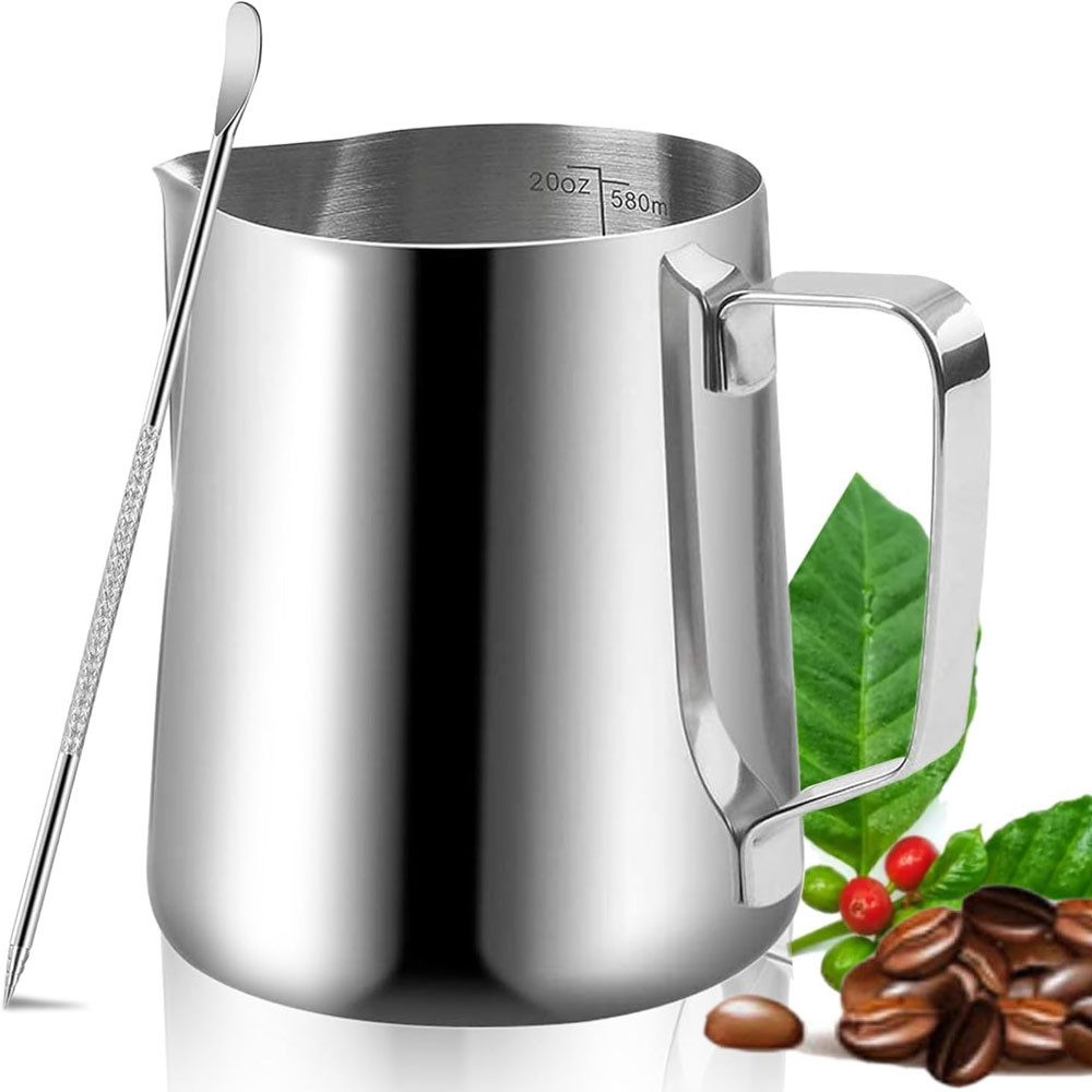 SURFOU Milchkännchen Edelstahl Milchkanne Barista Zubehör Milchaufschäumer Milchbehälter, 0.6 l, (Handheld Aufschäumkännchen Set, Kaffee Creamer Milch Aufschäumer Kännchen Tasse mit Messung Mark und Latte Art Pen, Milchkännchen perfekt für Barista Cappuccino Espresso, 350ML, 600ML), Geeignet für Cafés, Haushalte, Restaurants und Büros