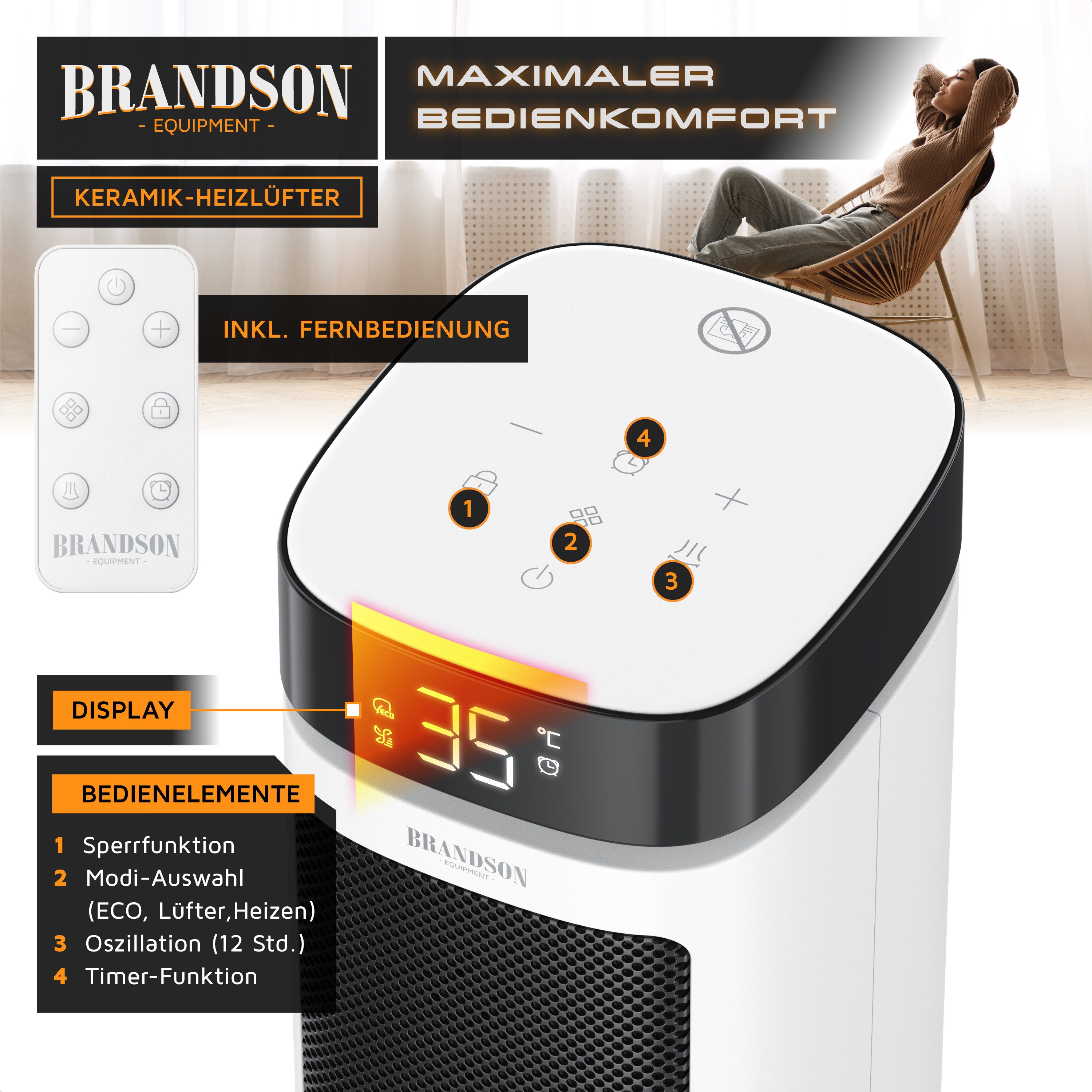 Brandson Heizlüfter Turm-Keramikheizlüfter 2000 W, ECO-Modus, 12h-Timer, Fernbedienung, 2000 W, Badezimmer, Thermostat, ECO-Modus, Oszillation, Kippschutz – Bild 5 von 5