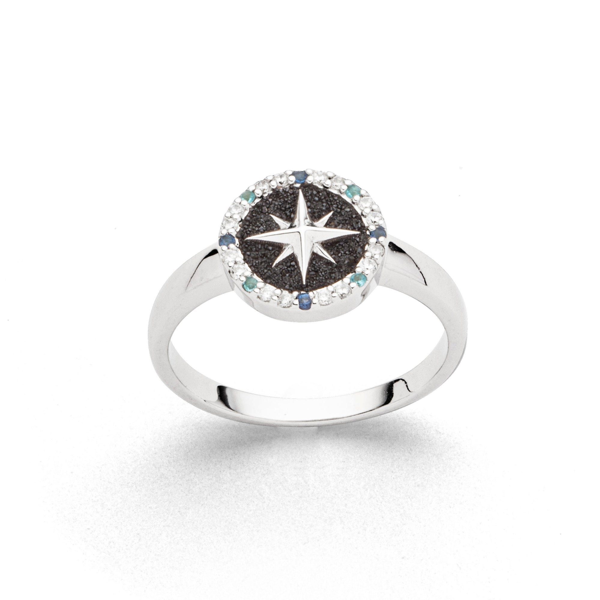 Fingerring DUR Schmuck: Ring "Kompassrose 2.0" mit Zirkonia und Lavasand, R5969