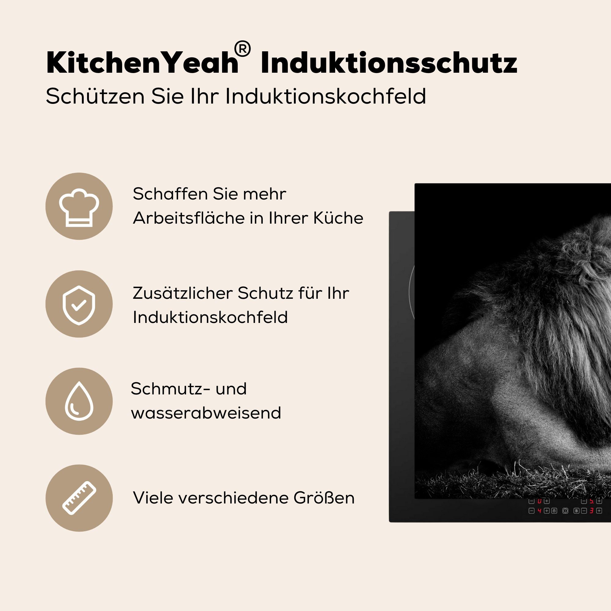 - Löwe Schwarz Wildtiere für - Ceranfeldabdeckung, Arbeitsplatte cm, küche Herdblende-/Abdeckplatte (1 MuchoWow - Vinyl, Weiß, - Gras 81x52 tlg),