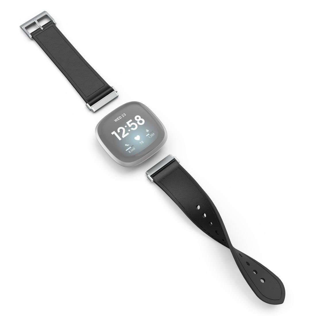 für 3, und Hama Smartwatch-Armband Silikon, 21cm 22mm, Sense, Leder schwarz Fitbit Ersatzarmband Versa
