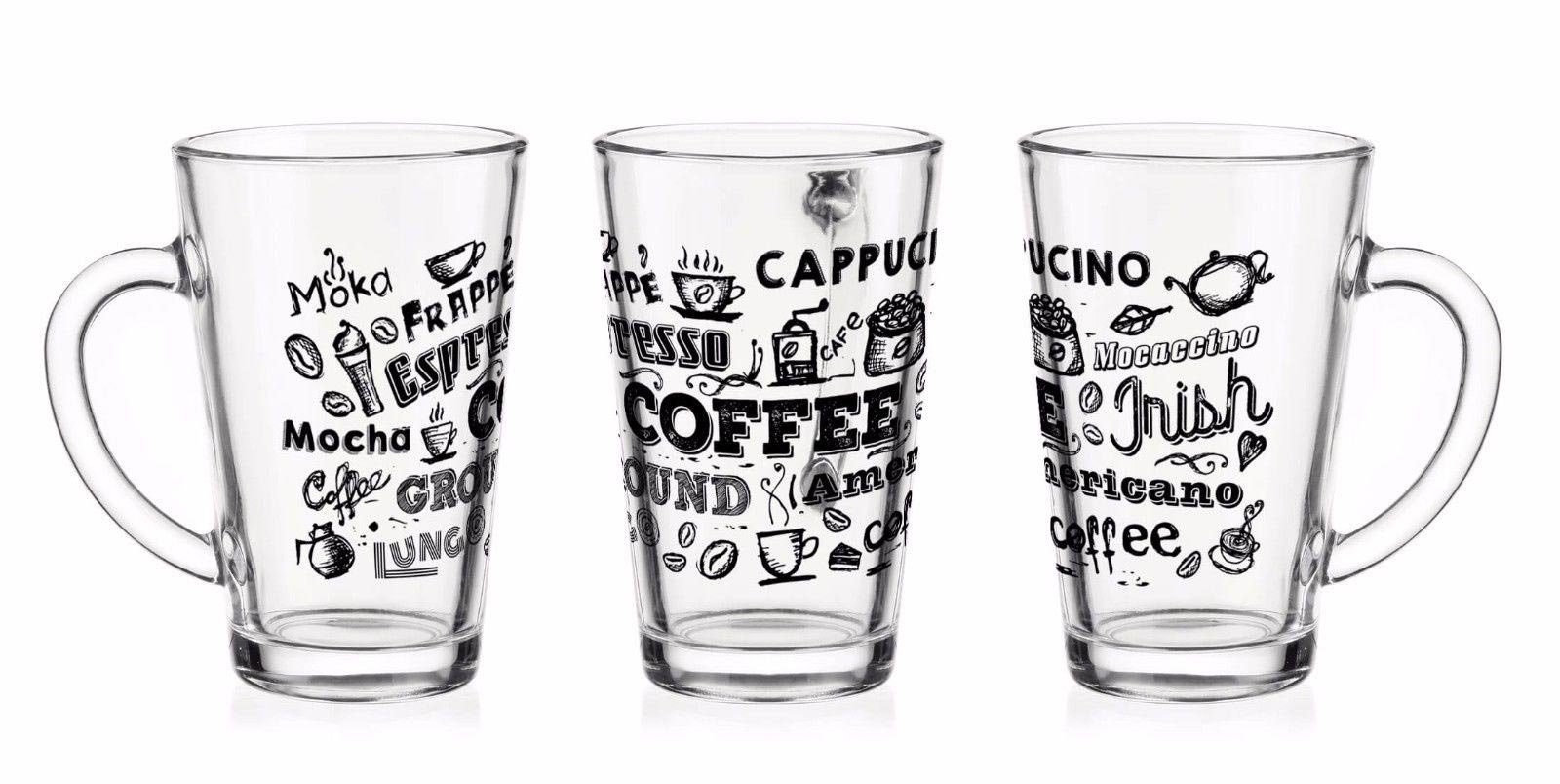 Sendez Gläser-Set 6 Latte Macchiato Gläser 300ml mit Kaffee-Aufdruck, Glas