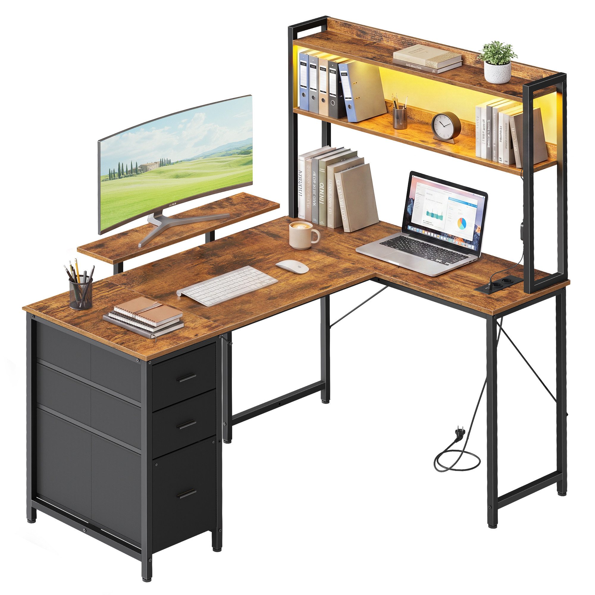 VASAGLE Schreibtisch L-Form Eckschreibtisch mit Steckdosen und LED-Beleuchtung, Computertisch mit 3 Schubladen und Monitorständer, 140 x 100 x 150 cm