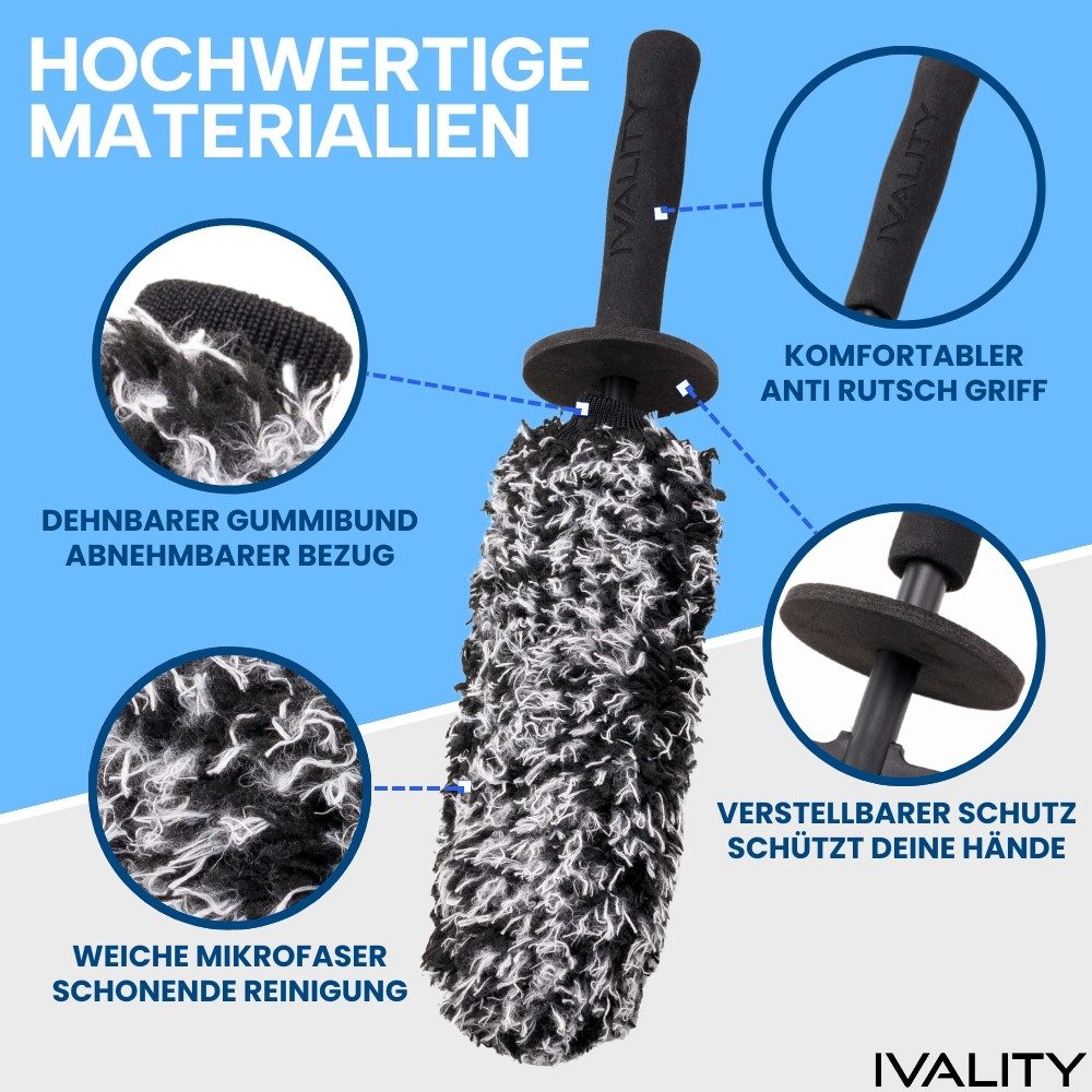 IVALITY Wheel Brush - Ultra-thin Car Microfiber Brush - Premium - Effective & Gentle, For All Car Wheels, Small Gaps, Entire Wheel Well, Car Cleaning, (With 2x Replacement Covers, 3-piece Set, Perfect for Wheel Cleaning), ultra-thin, reaches every corner and the entire wheel well