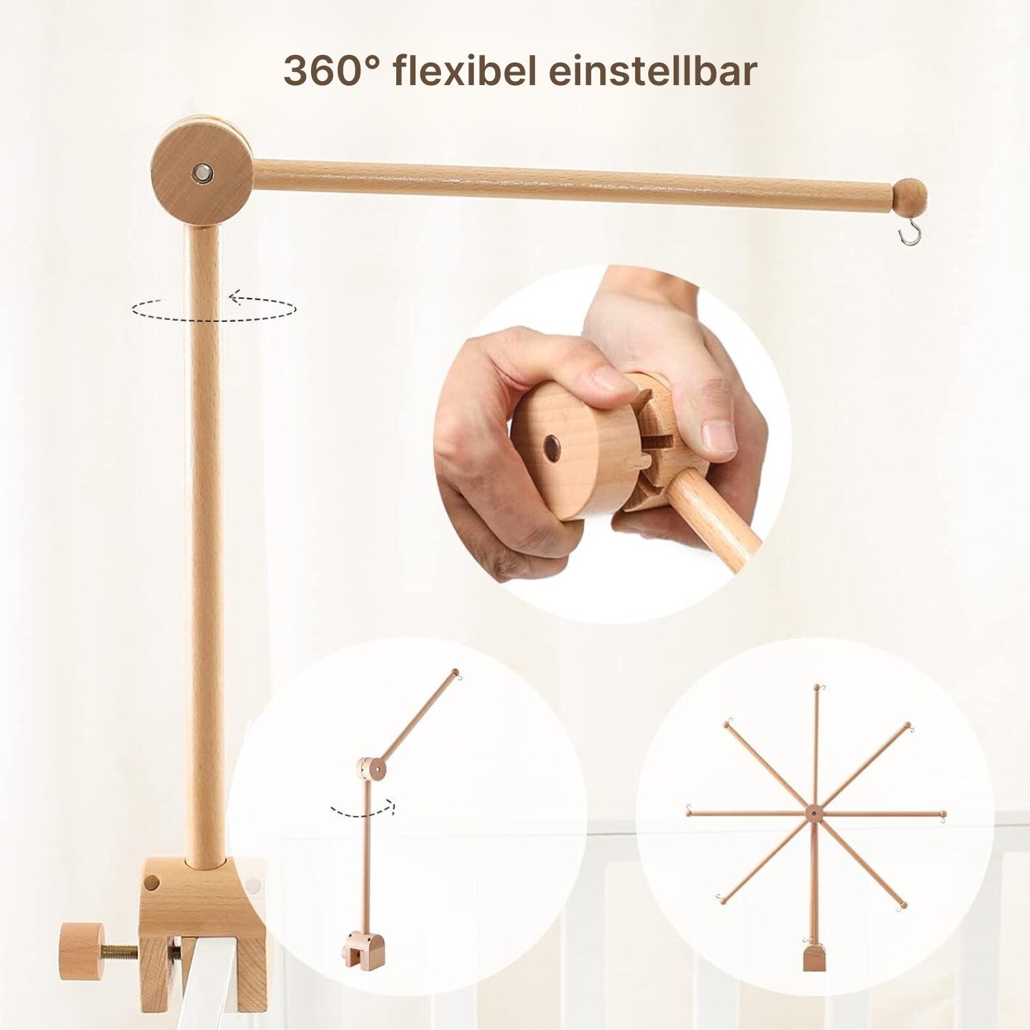 Zayno Mobile Mobilehalterung aus Holz 70cm, (Set, 1-tlg., Hervorragendes Geschenk zur Geburt), Unterstützt das Einschlafen deines Babys.