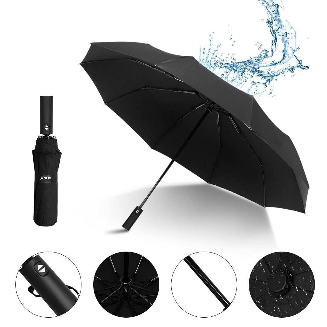 KONO Taschenregenschirm Automatik Regenschirm, 1-Klick Öffnen & Спрятать, Schwarz, Leicht, Robust