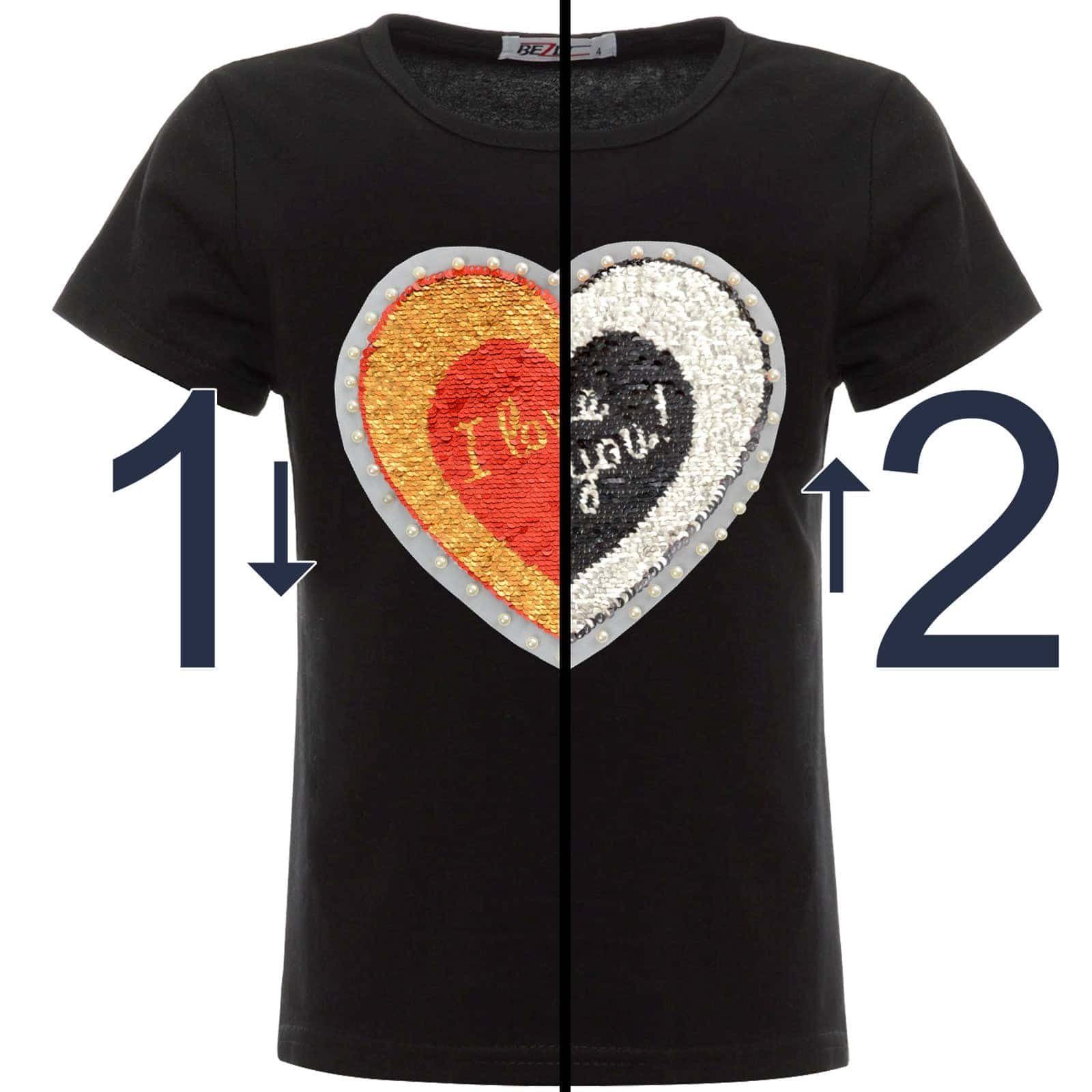 T-Shirt Paillettenshirt Wende Pailletten Motiv mit Herz Schwarz Wendepailletten, BEZLIT Mädchen (1-tlg) mit Kunstperlen