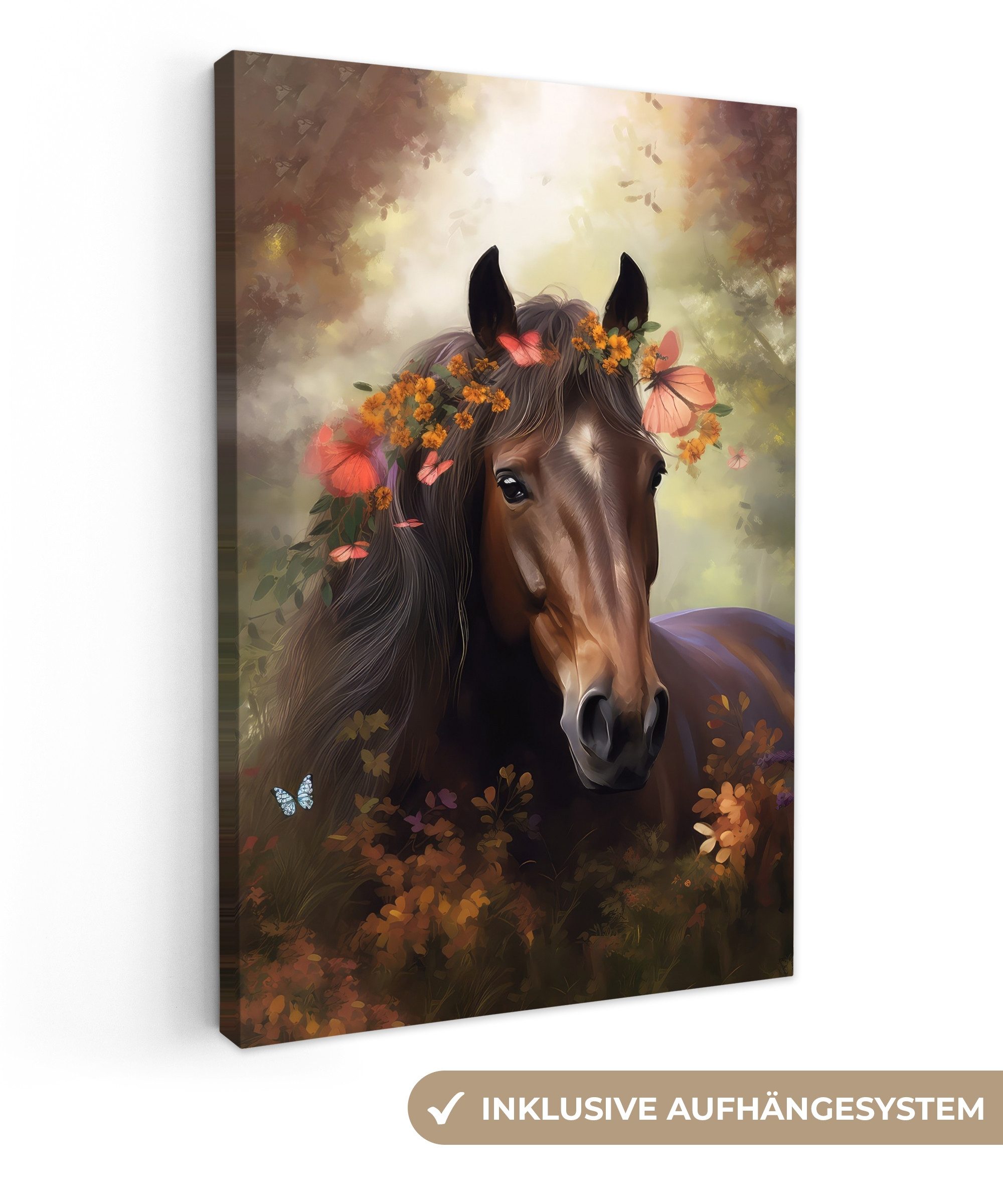 OneMillionCanvasses® Leinwandbild Pferd - Tiere - Blumen - Wald - Schmetter günstig online kaufen