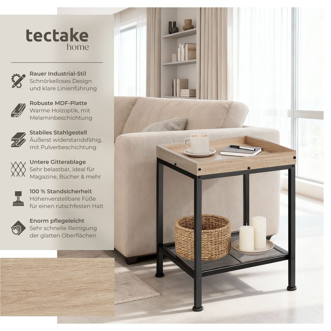 tectake Beistelltisch Schlafzimmertisch, 41,5 x 41 x 56 cm, höhenverstellbare (Couchtisch Industrial Style Rochester, 1-St., in Industrial Holz hell, Eiche Sonoma), Industrial Style, Holz und Stahl, Ablage in Tablettform & Gitterablage
