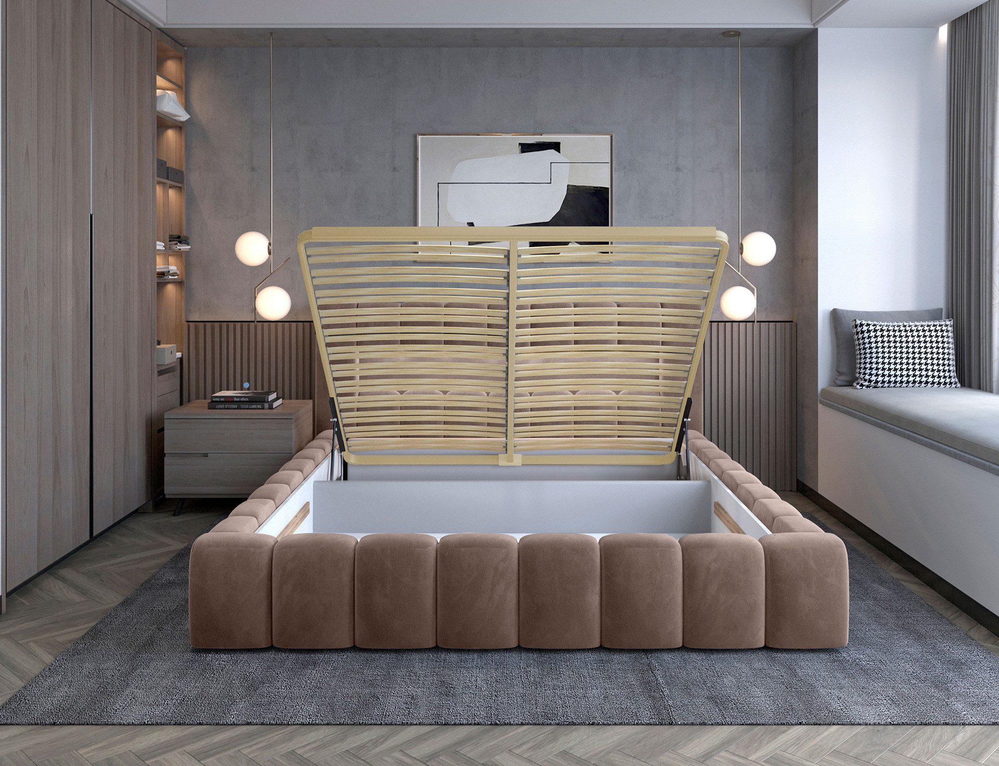 yourhouse24 Polsterbett Lamica Holzrahmen mit LED (Bettgestell mit LED und Lattenrost), Stoffbezug, Ziernähte, modernes Design