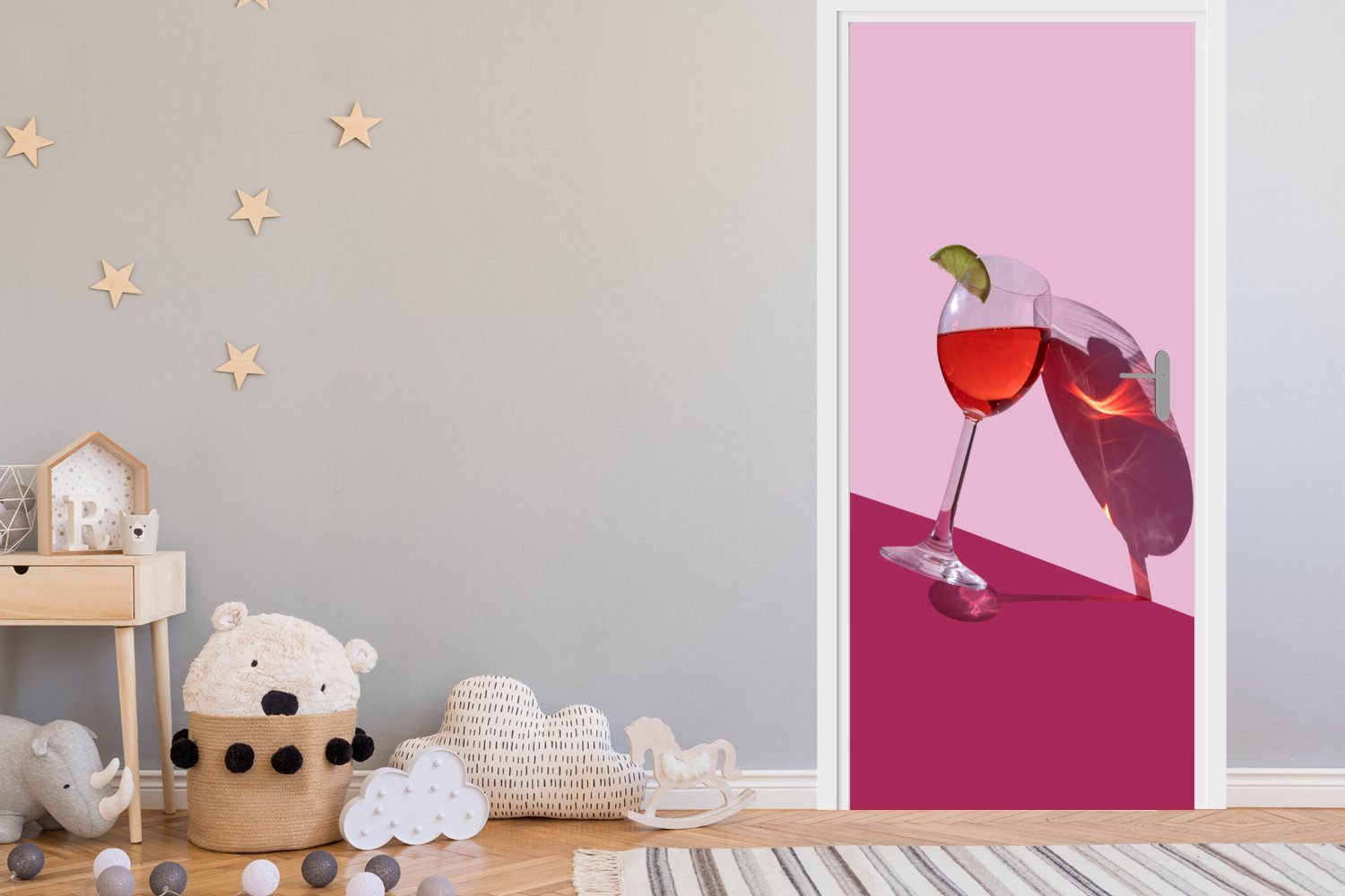 MuchoWow Türtapete Klingendes bedruckt, St), auf Fototapete für Türaufkleber, 75x205 Hintergrund, rosa Tür, Weinglas (1 Matt, cm