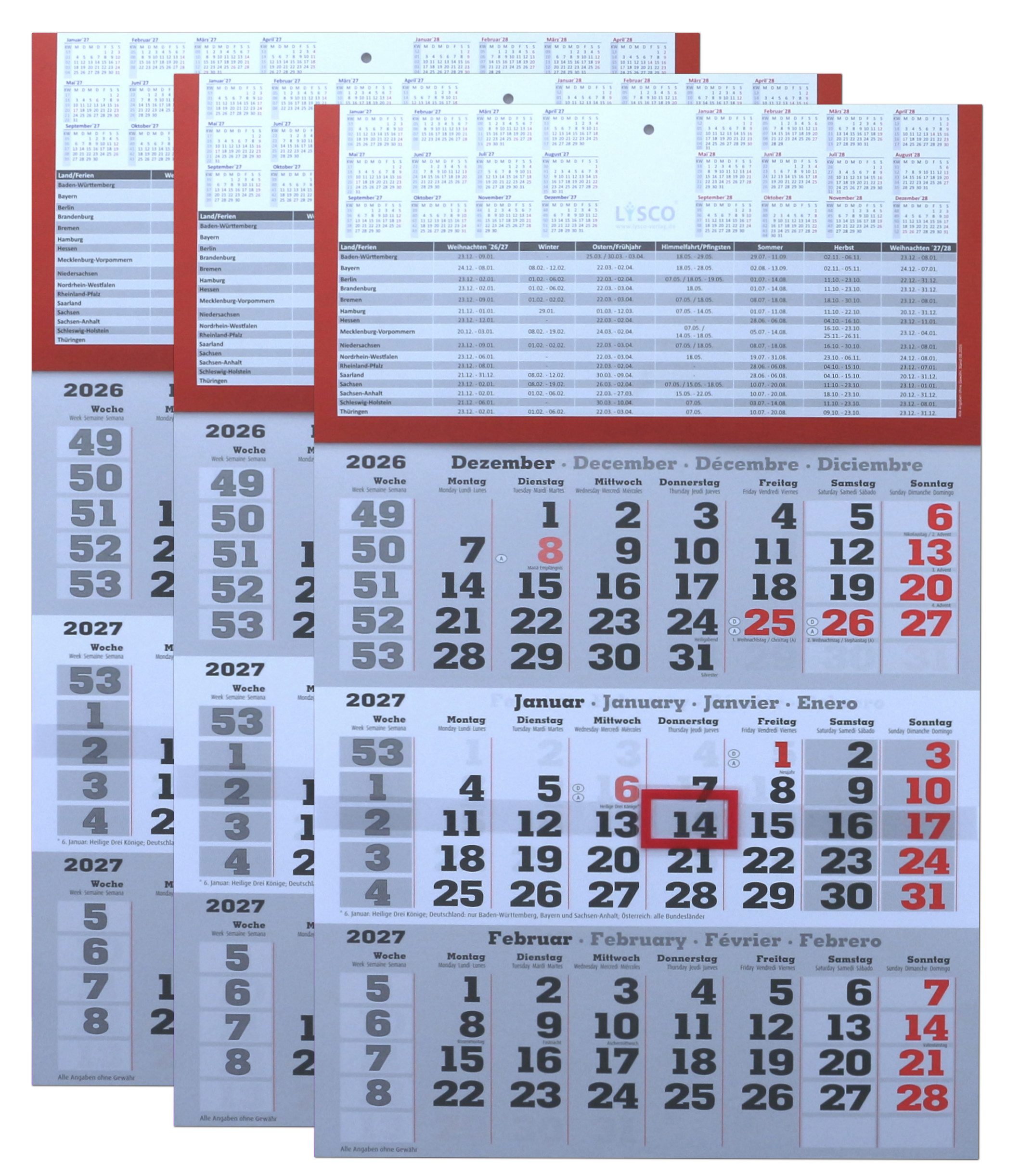 LYSCO Wandkalender Dreimonatskalender 2027 - 3 Monatskalender Wandkalender, werbefrei, 3 Monats Wandkalender inkl. Feiertage und Ferien Lieferung plano