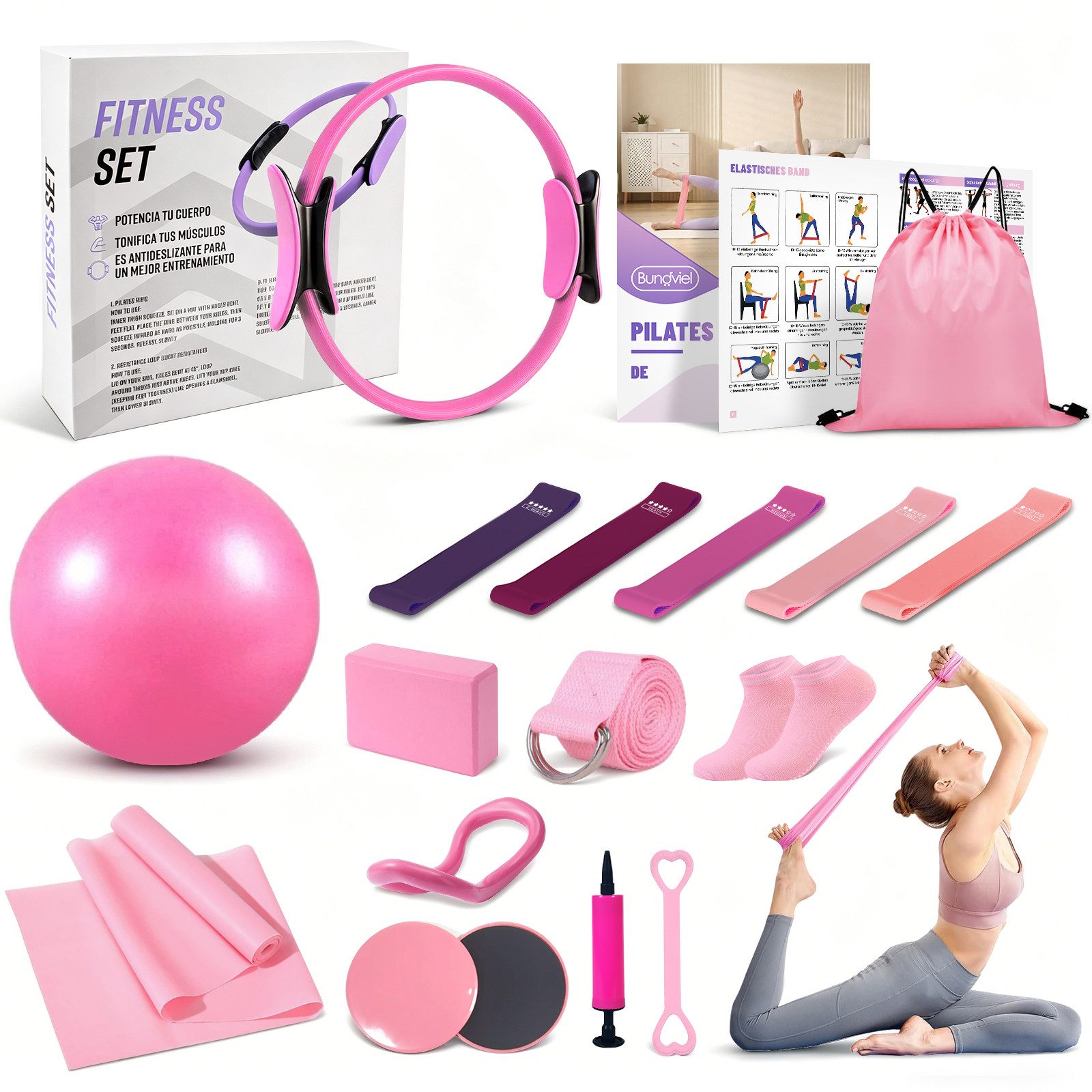 Bundviel Pilates-Ring Pilates Set für Zuhause mit Pilates Ball Pilates Ring & Socken (16-tlg), 16in1 Effektives Frauen-Heimtraining: Straffung & Balance