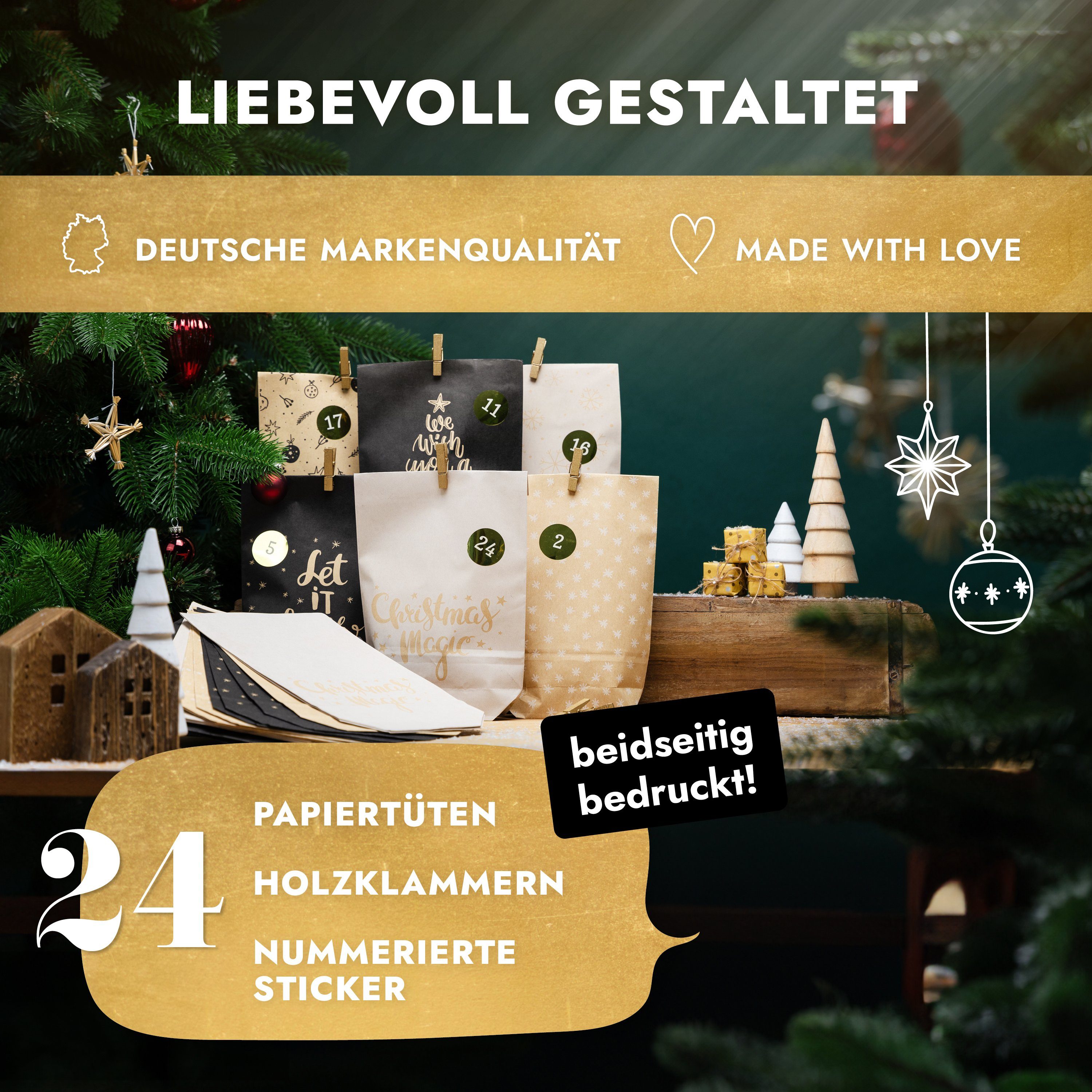 Amari befüllbarer Adventskalender Adventskalender zum Befüllen 2026, 24 Papiertüten 14×22 cm mit Zahlen (DIY Set, 72-tlg), Designs für Kinder & Erwachsene, wied – Bild 2 von 5
