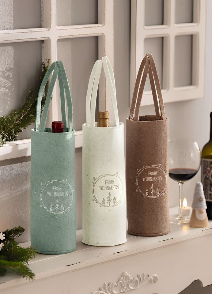 Thumbnail - Dekoleidenschaft Geschenkpapier Geschenktasche "Frohe Weihnachten" aus Filz, bestickt, Flaschentasche, (3St), Weinflasch...