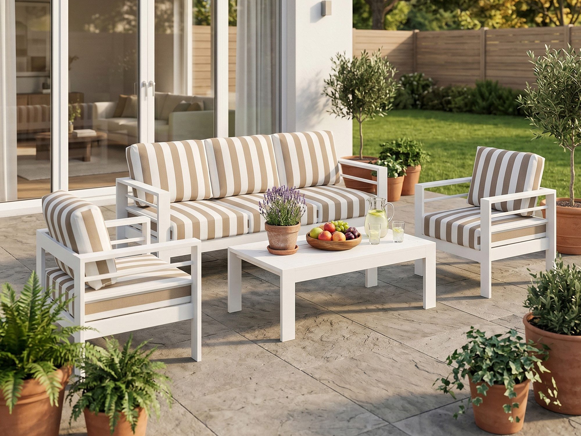 MeXo Gartenlounge-Set Gartenmöbel Set 4-5 Personen Aluminium Wetterfest, (12cm Deluxe Relax-Sitzkissen mit gestreiftem Wechselbezug, 4-tlg., Belastbarkeit pro Sitzplatz 140kg), Lounge Gartenmöbelset mit Tisch, Luxus Relax