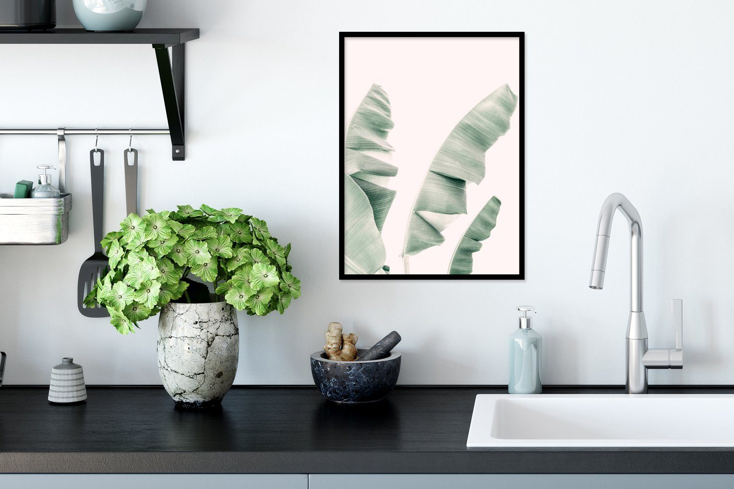 MuchoWow Poster Pflanze - Poster, - St), Weiß, mit Rahmen, (1 Schwarzem Bilderrahmen - Natur Kunstdruck, Grün Gerahmtes