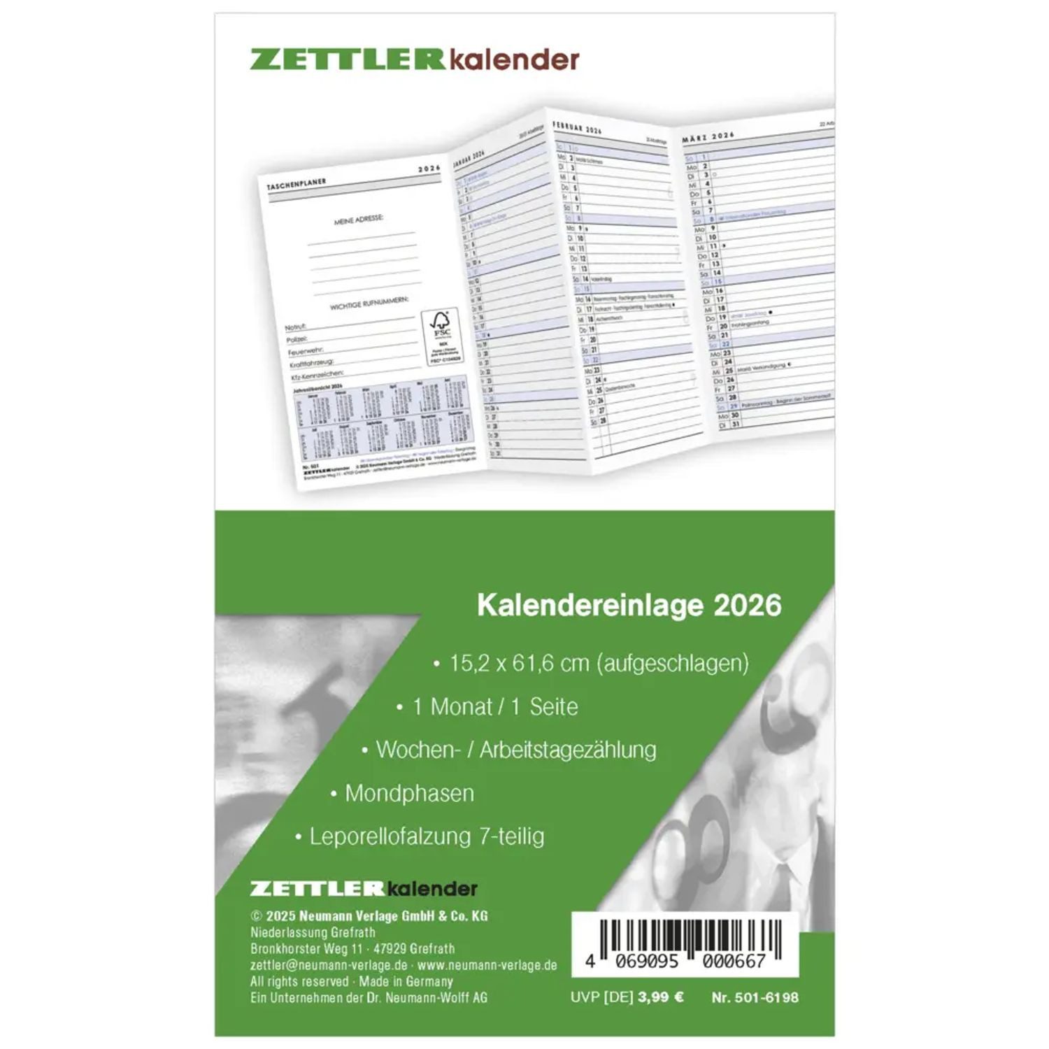 ZETTLER Taschenkalender Zettler Kalenderersatzeinlage TP 1M/1S Leporello 2026 -...