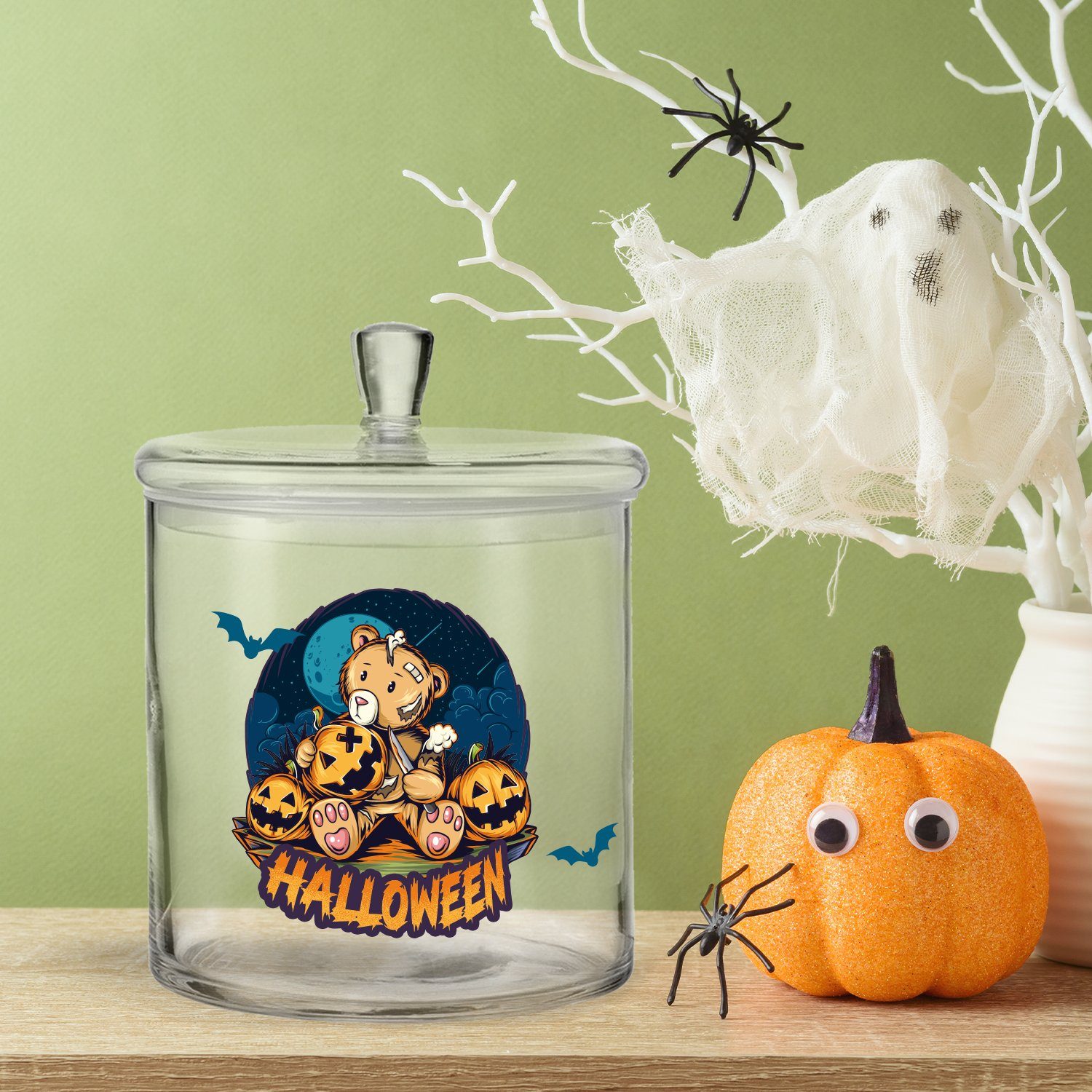 Keksdose Glas, Motiv Halloween schaurigem Handgefertigte Deckel aus und Glasdose Glas Halloween mit - 2-tlg), luftdichtem mit Teddy GRAVURZEILE (2, Deckel,