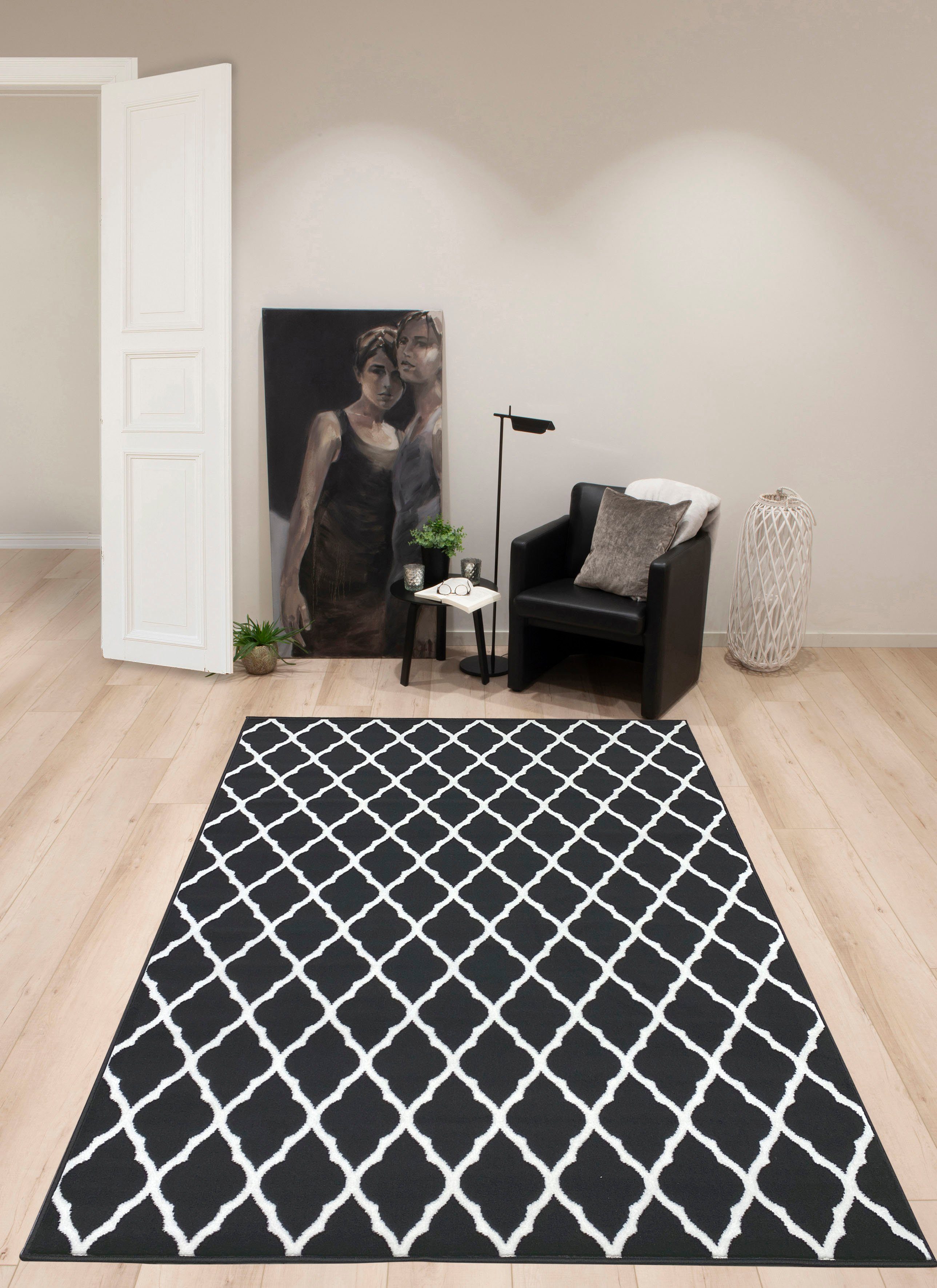 schwarz Höhe: Leonique, Rauten-Design, grafisches mm, rechteckig, Elliota, Kurzflor-Teppich modern, 7 Teppich