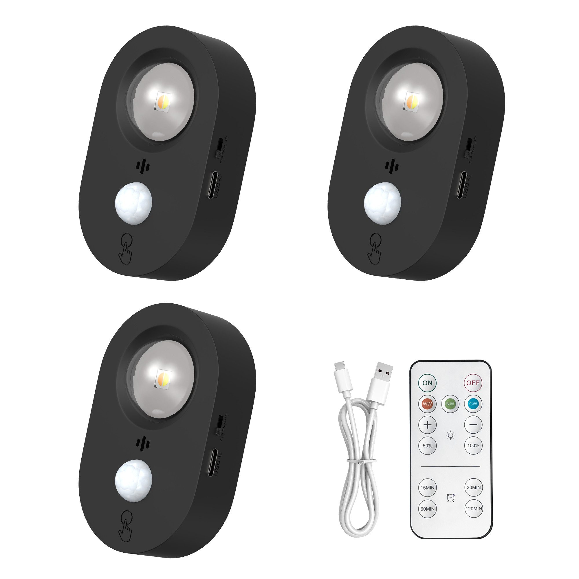 LOHAS-LED Schrankleuchte 3er Set wiederaufladbare LED Schrankleuchten mit Bewegungsmelder, LED fest integriert, Warmweiß, Tageslicht, Kaltweiß, 65mm Katzenauge, dimmbar per Fernbedienung, 750mAh USB-C Akku
