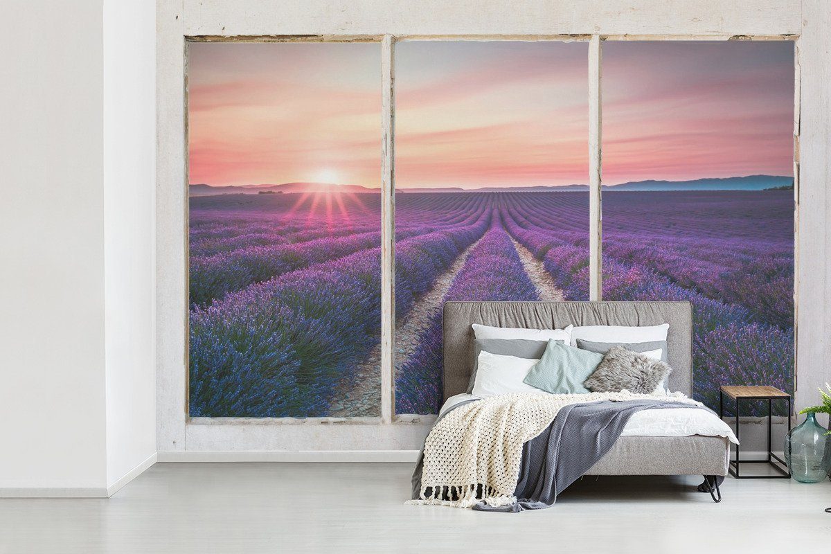 Matt, - - (6 bedruckt, Lavendel Wallpaper Ausblick Sonnenuntergang, Kinderzimmer, Tapete MuchoWow Vinyl Fototapete für Wohnzimmer, St), Schlafzimmer,