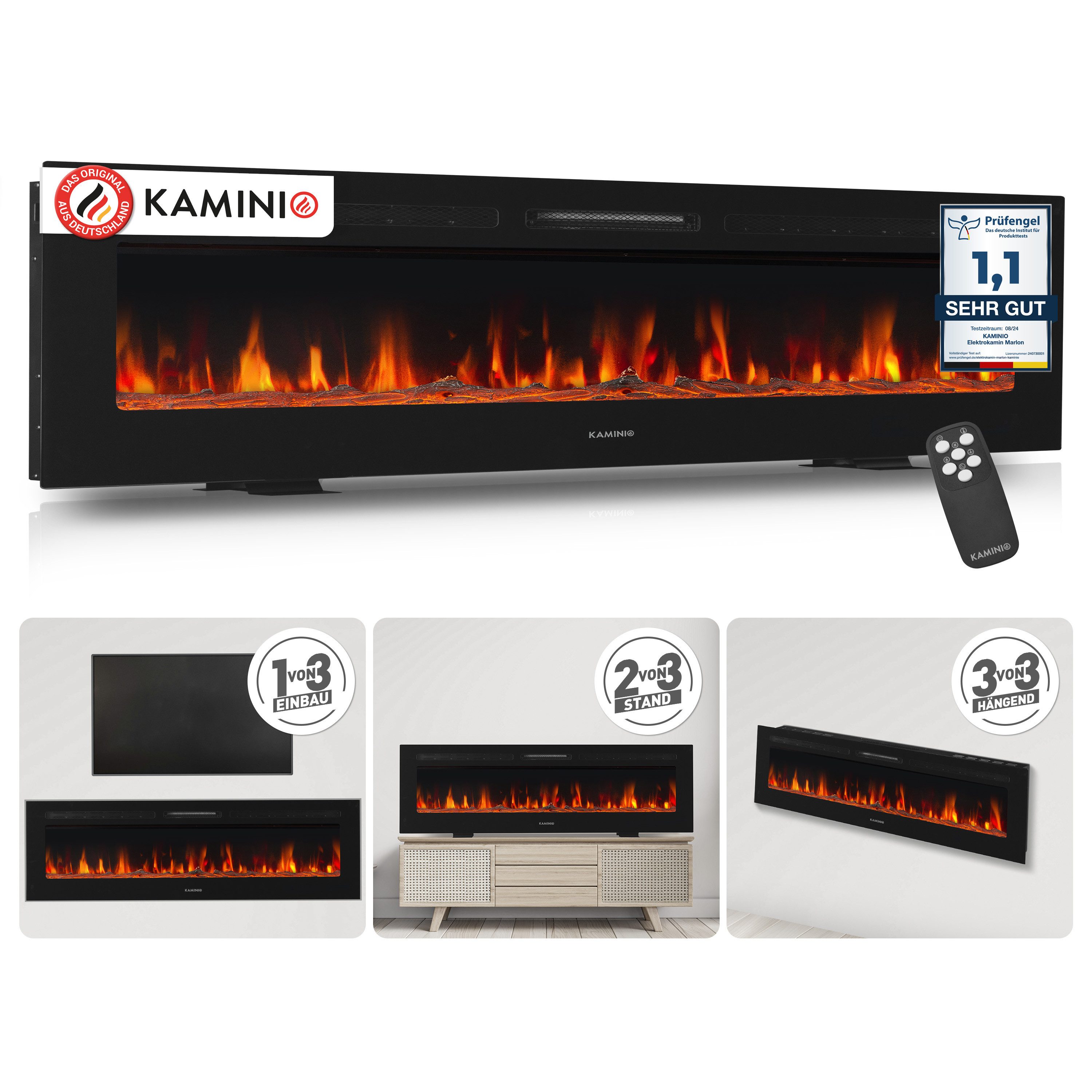 KAMINIO Elektrokamin MARLON, 3in1 Kamin: Elektrischer Stand-, Wand- und Einbaukamin, Heizung 1800W