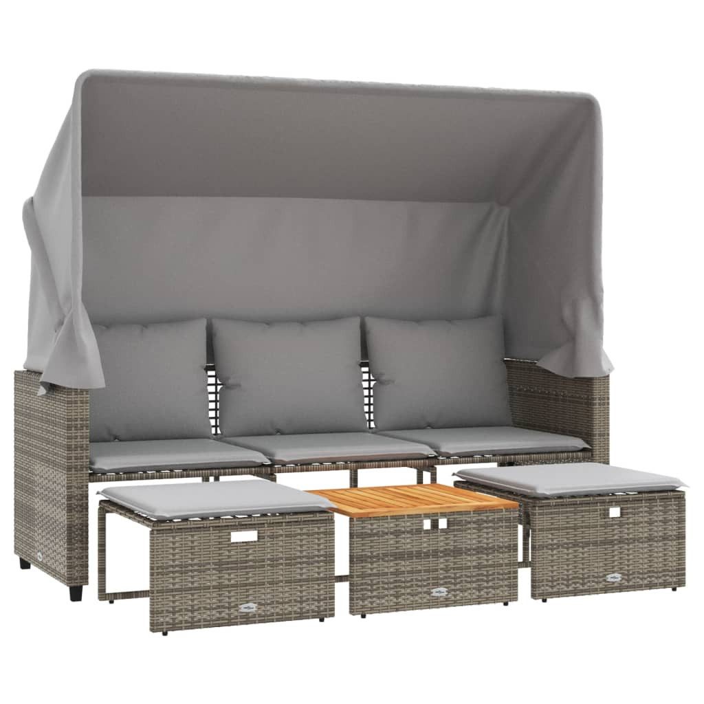 Loungesofa Outdoor-Sofa 3-Sitzer mit Dach und Hockern Grau Poly Rattan