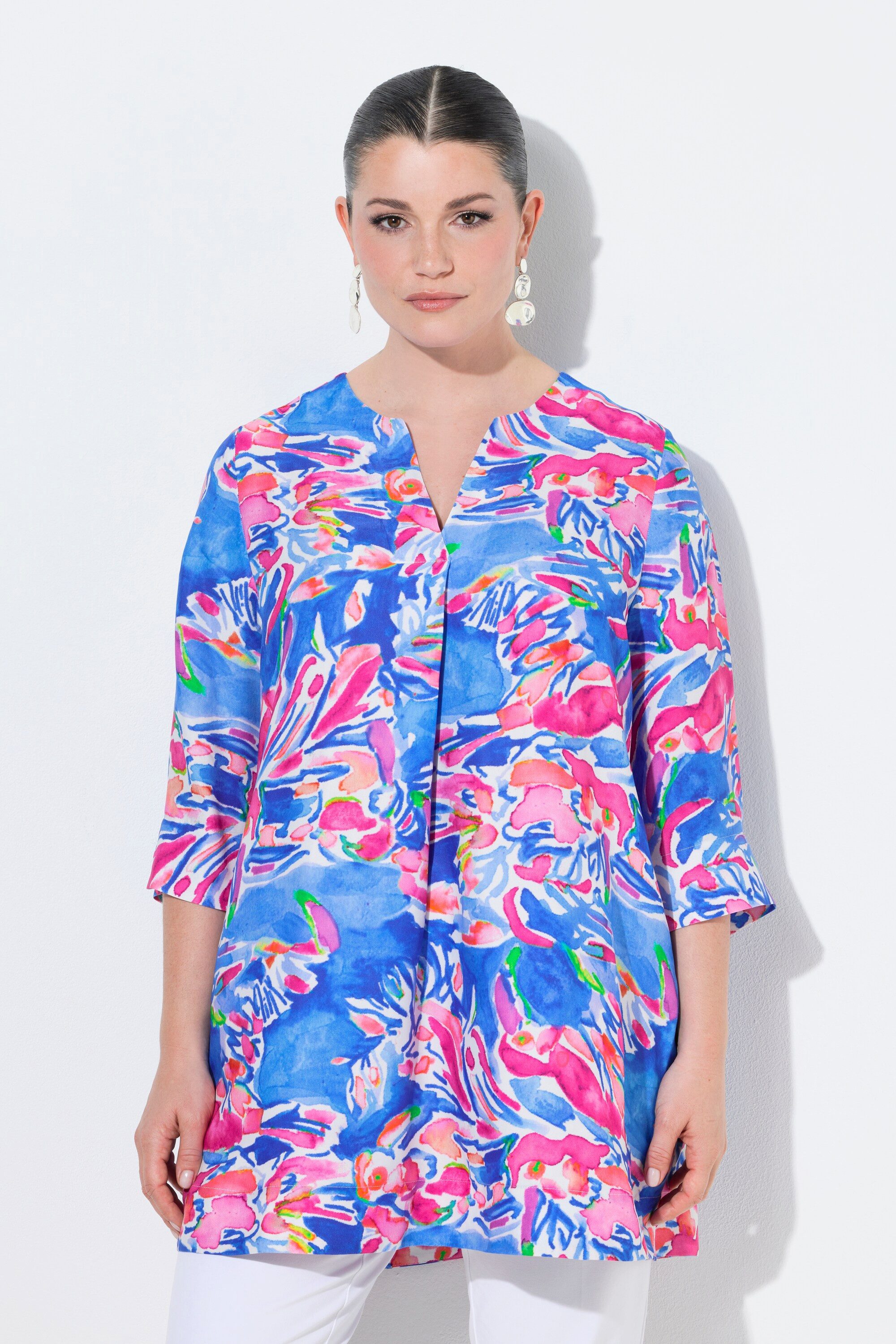 Ulla Popken Tunika Bluse A-Linie Tunika-Ausschnitt 3/4-Arm günstig online kaufen