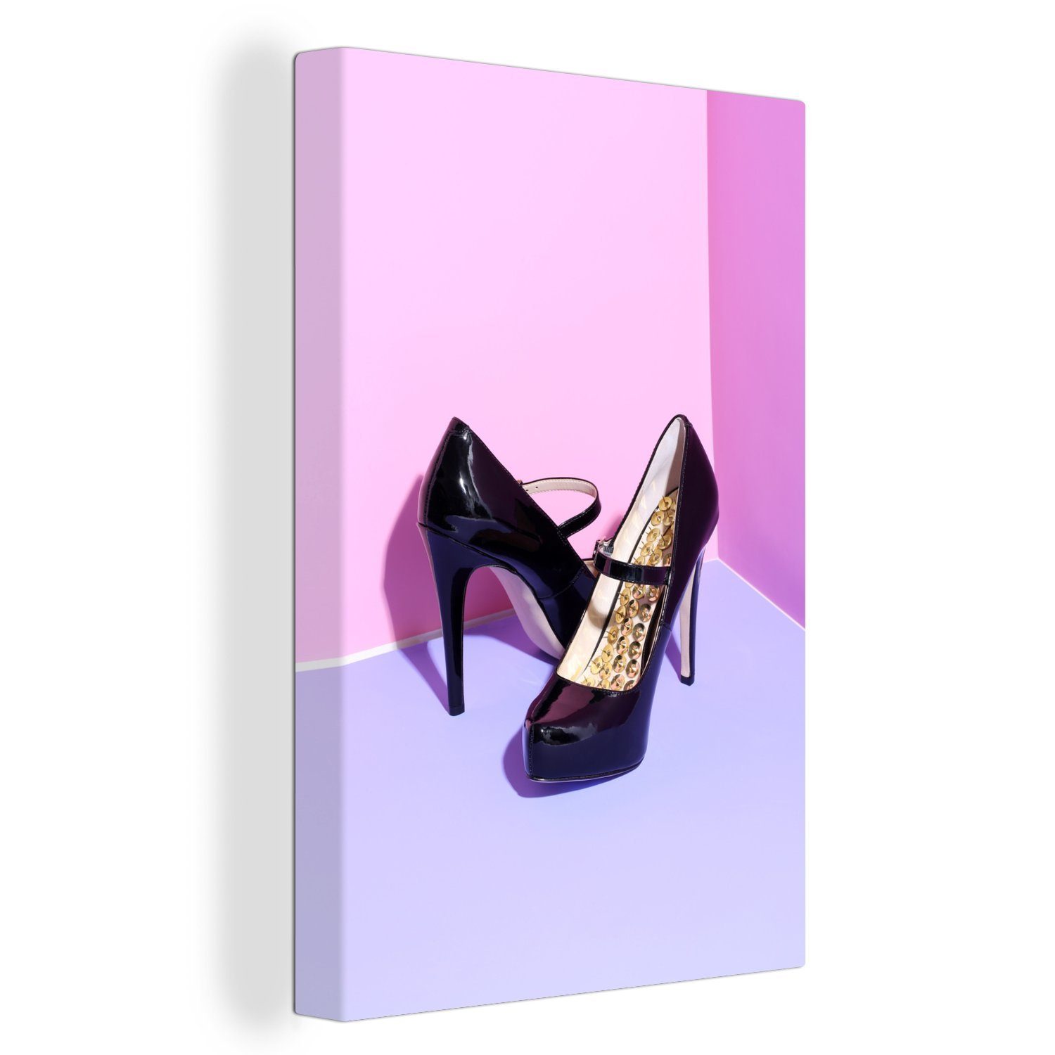 OneMillionCanvasses® Leinwandbild Hochhackige Schuhe auf rosa Hintergrund, (1 St), Leinwandbild fertig bespannt inkl. Zackenaufhänger, Gemälde, 20x30 cm