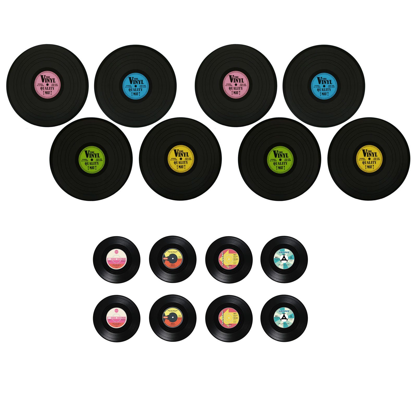HAC24 Platzset Tischmatte Vinyl Schallplatte Tisch Untersetzer Rund Platzdeckchen, (Set, 16-St), 8x Tischset Ø 39 cm & 8x Glasuntersetzer Ø 11 cm