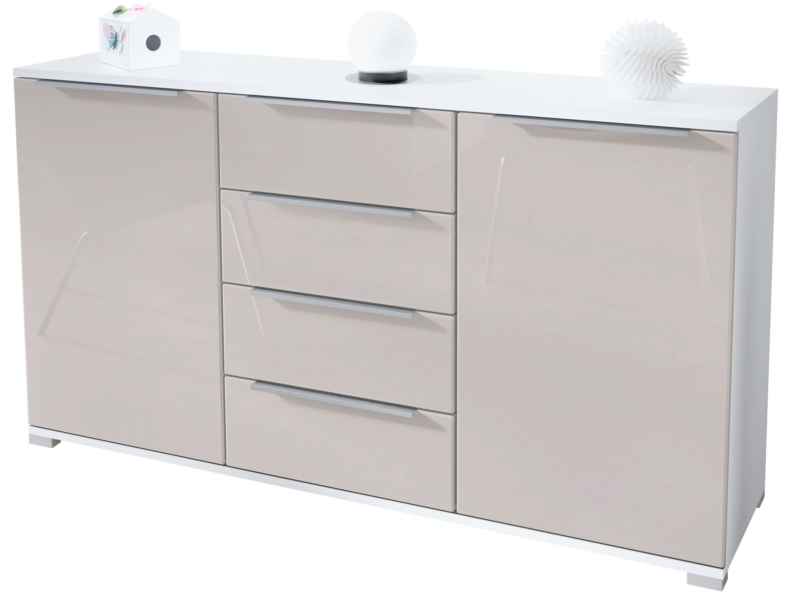 Vladon Sideboard Linio V1 (Anrichte, mit 2 Türen und 4 Schubladen), Weiß matt/Sandgrau Hochglanz (138,5 x 75,5 x 35 cm)