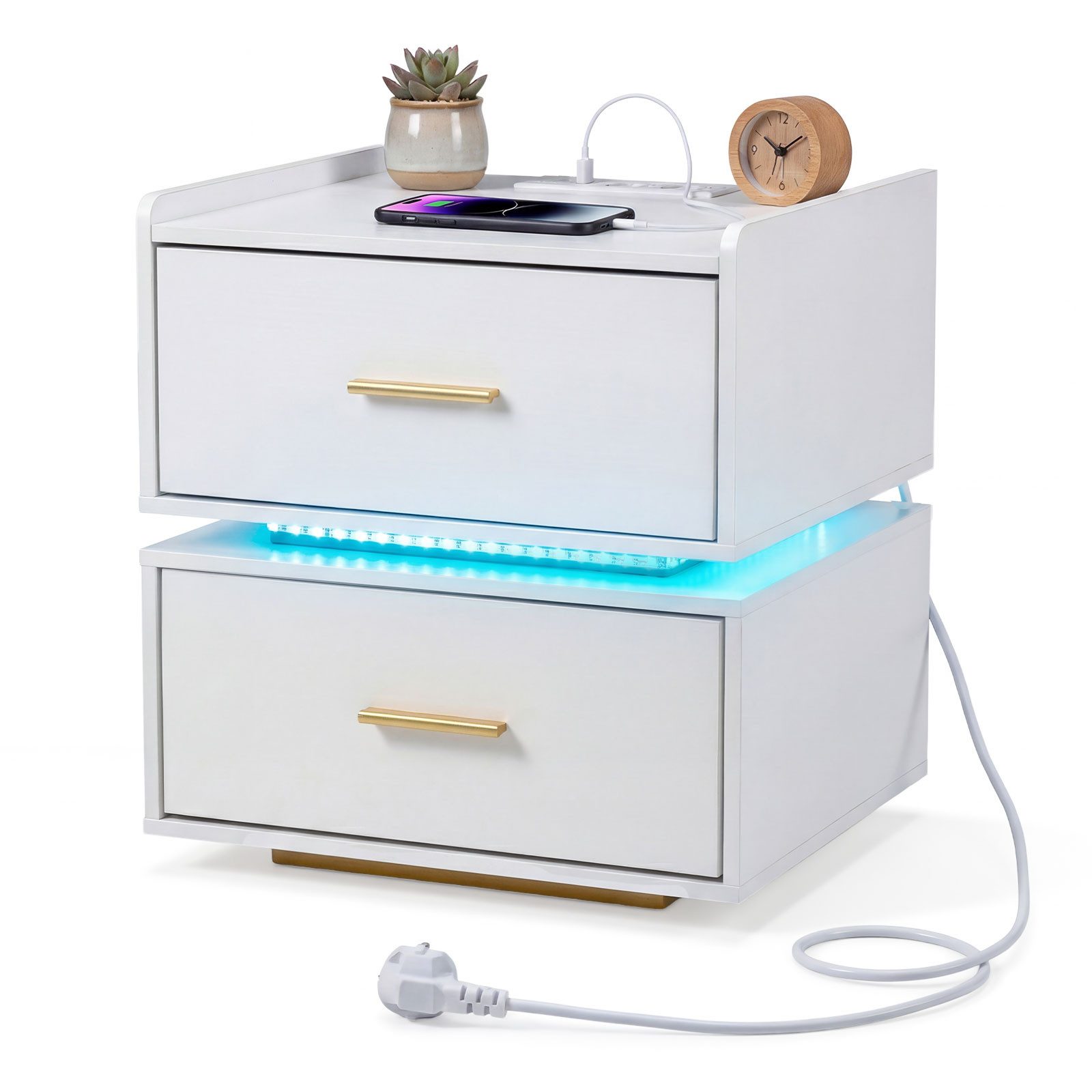 COSTWAY Nachttisch (1-St), LED Beistelltisch mit Ladestation, Metallfuß
