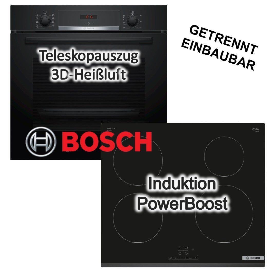 BOSCH Backofen-Set Einbaubackofen Hydrolyse Teleskopauszug+ Induktionskochfeld PowerBoost, mit 1-fach Teilauszug, Hydrolyse EcoClean Direct