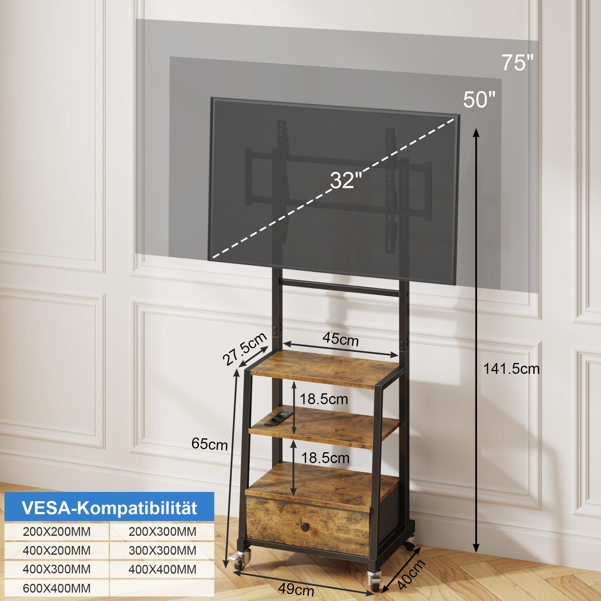 OYRREU TV-Ständer auf Rollen, höhenverstellbar, mit Halterung, Steckdose, Stoffschublade, (bis 75 Zoll, TV-Wagen mit Ablage, Monitorständer 1-St., für Fernseher, Laptop, Meetingraum Ausstattung, Touchscreen Halterung, mit Stauraum, Mittelregal & Sicherheitsrollen, VESA kompatibel)