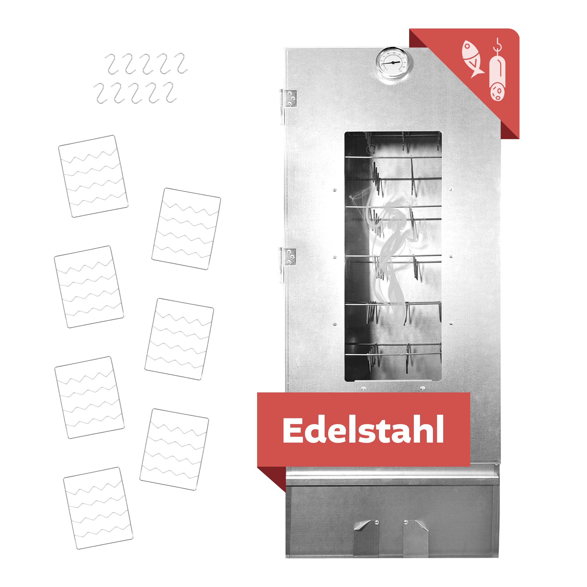 Lemodo Räucherofen XL 110 cm hoch Edelstahl mit Zubehör, Räucherschrank, 110 cm hoch, mit umfangreichen Zubehör und 7 Etagen