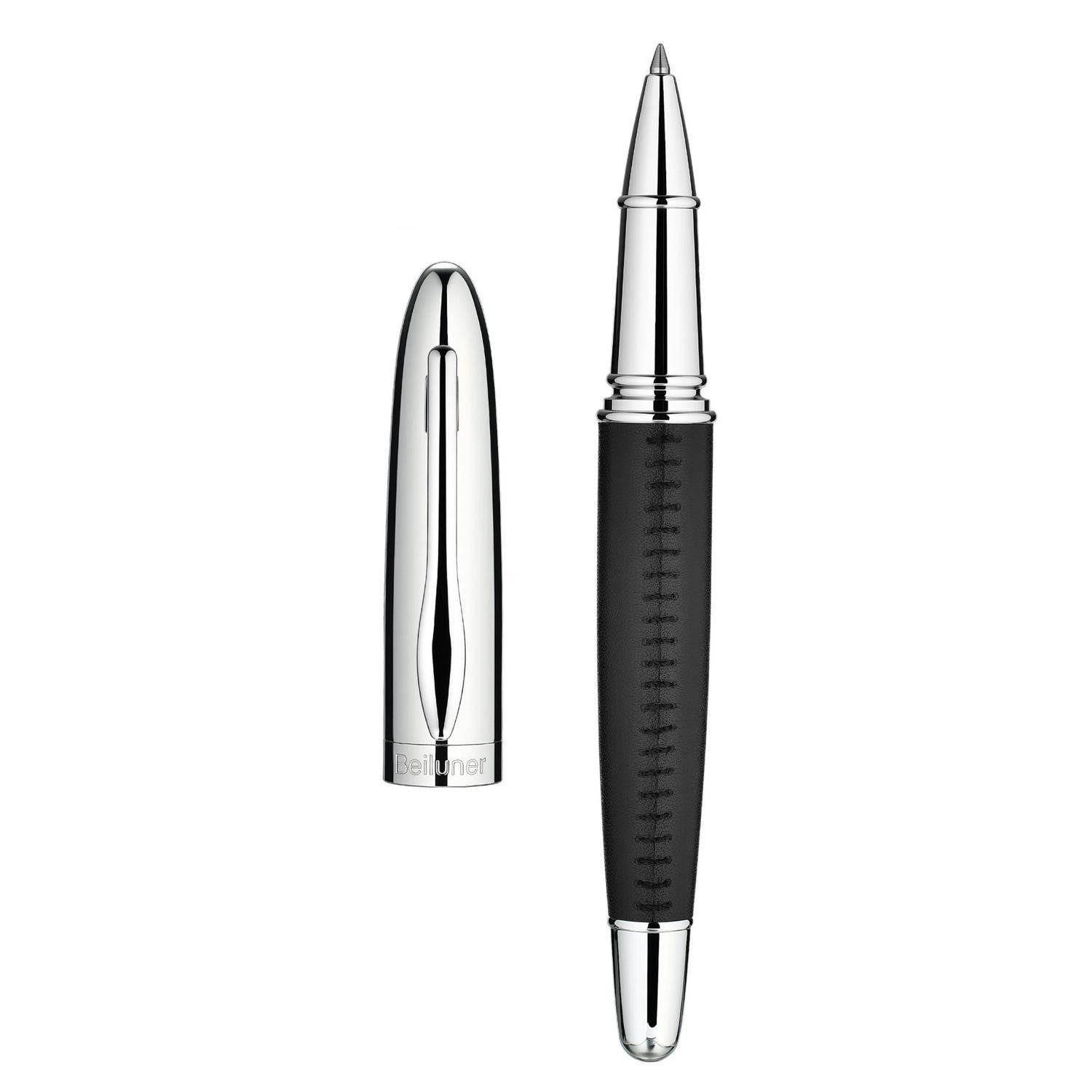 LuxusKollektion Tintenroller Stift handgenäht Premium Schwarz in Lederoptik