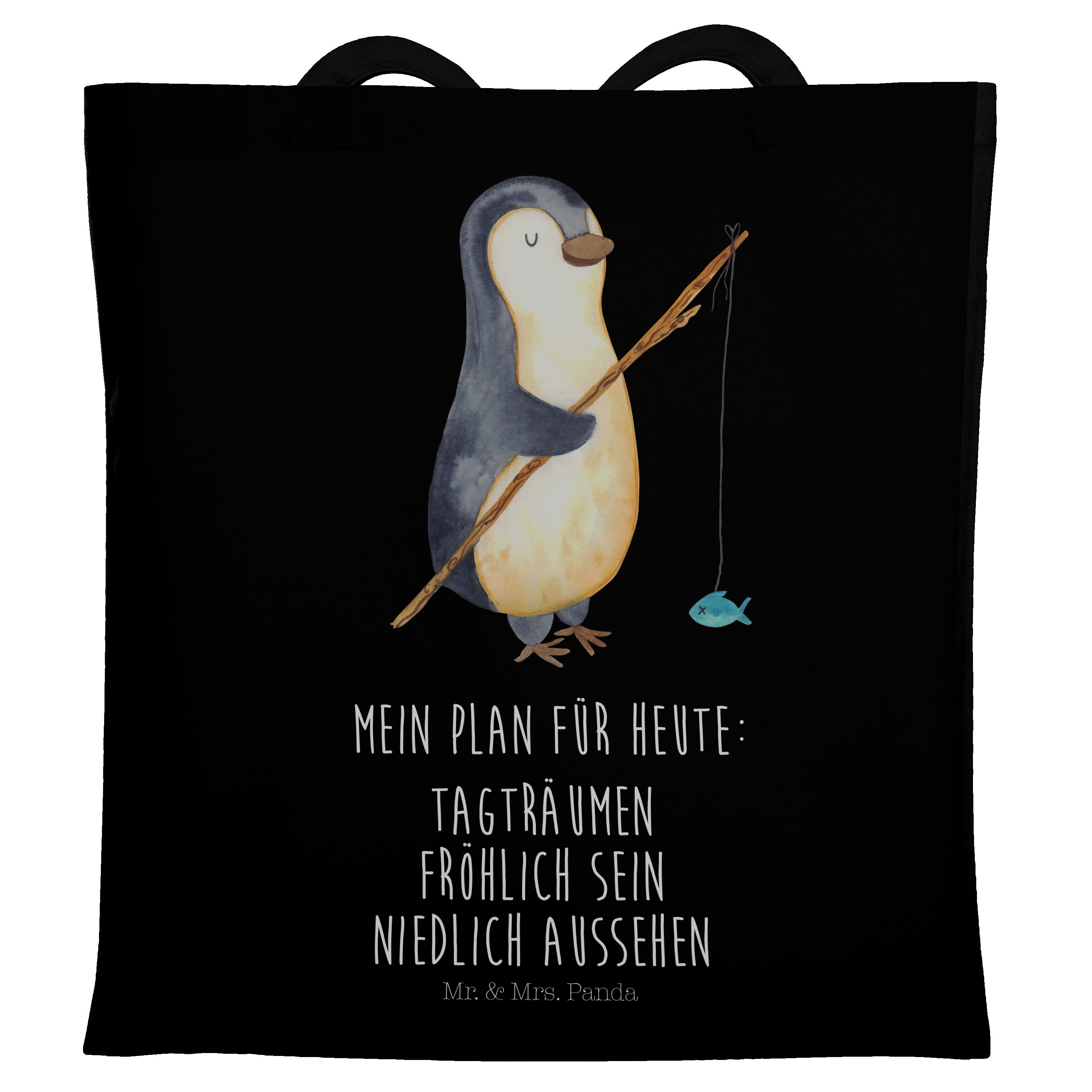 & Geschenk, Tragetasche Jutebeut Beutel, - Panda (1-tlg) Mrs. Mr. Schwarz - Einkaufstasche, Angler Pinguin