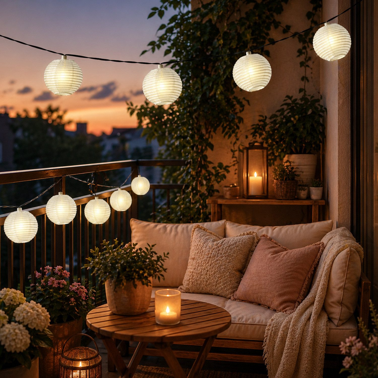 MARELIDA LED-Lichterkette Lampionkette 20 weiße Lampions 8Funktionen 5,7m Garten Balkon Terrasse, 20-flammig