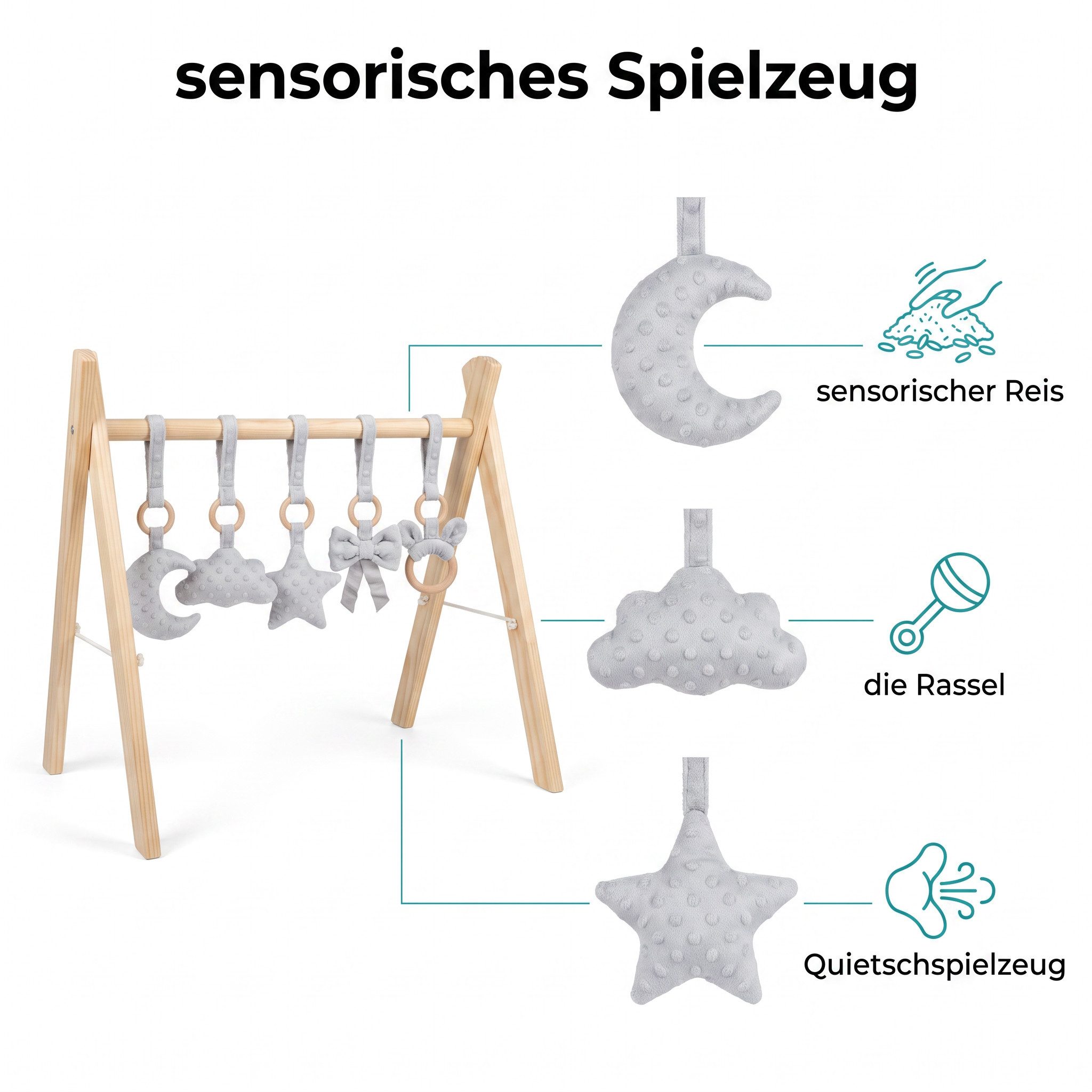 LuMali Baby Gym Holz Spielbogen klappbar 5 Spielzeuge 41x58x49cm Naturholz Kiefer, Spieltrapez Neugeborene sensorisch handgemacht faltbar leicht Geschenk