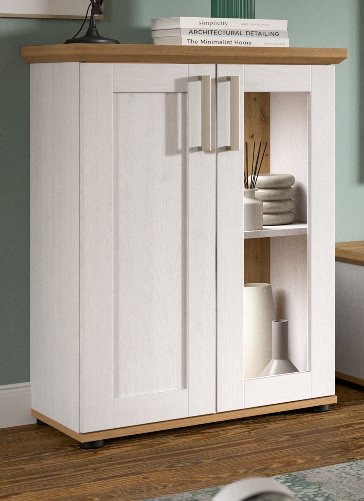Inn.Furn Standvitrine Mirano (Kommode in weiß Lärche mit Eiche Artisan, 64 x 88 cm) stehend oder Wandmontage – Bild 4 von 5