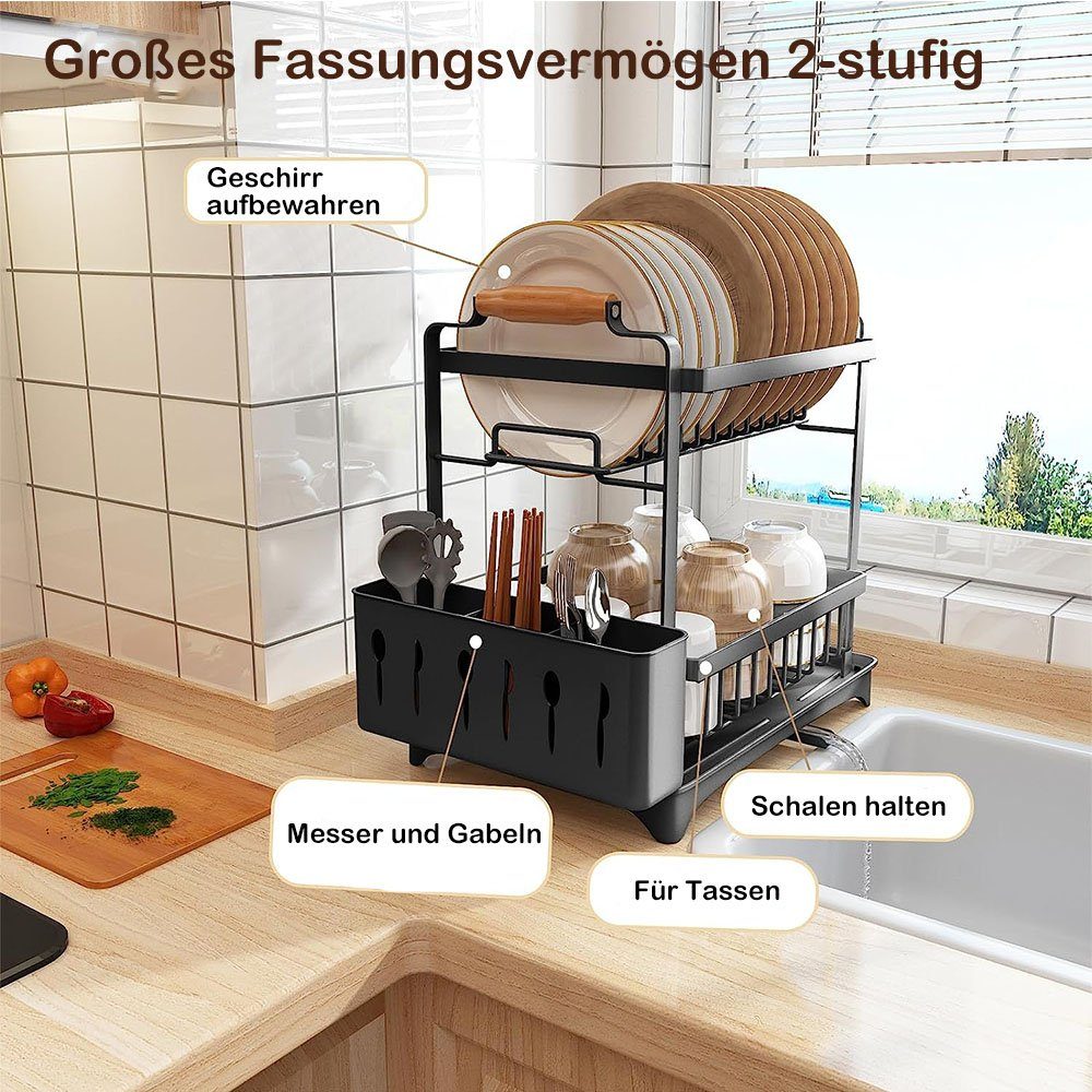 NUODWELL Küchenregal 2-stufige mit Haken Besteckkorb Schwarz abnehmbaren Abtropfschale