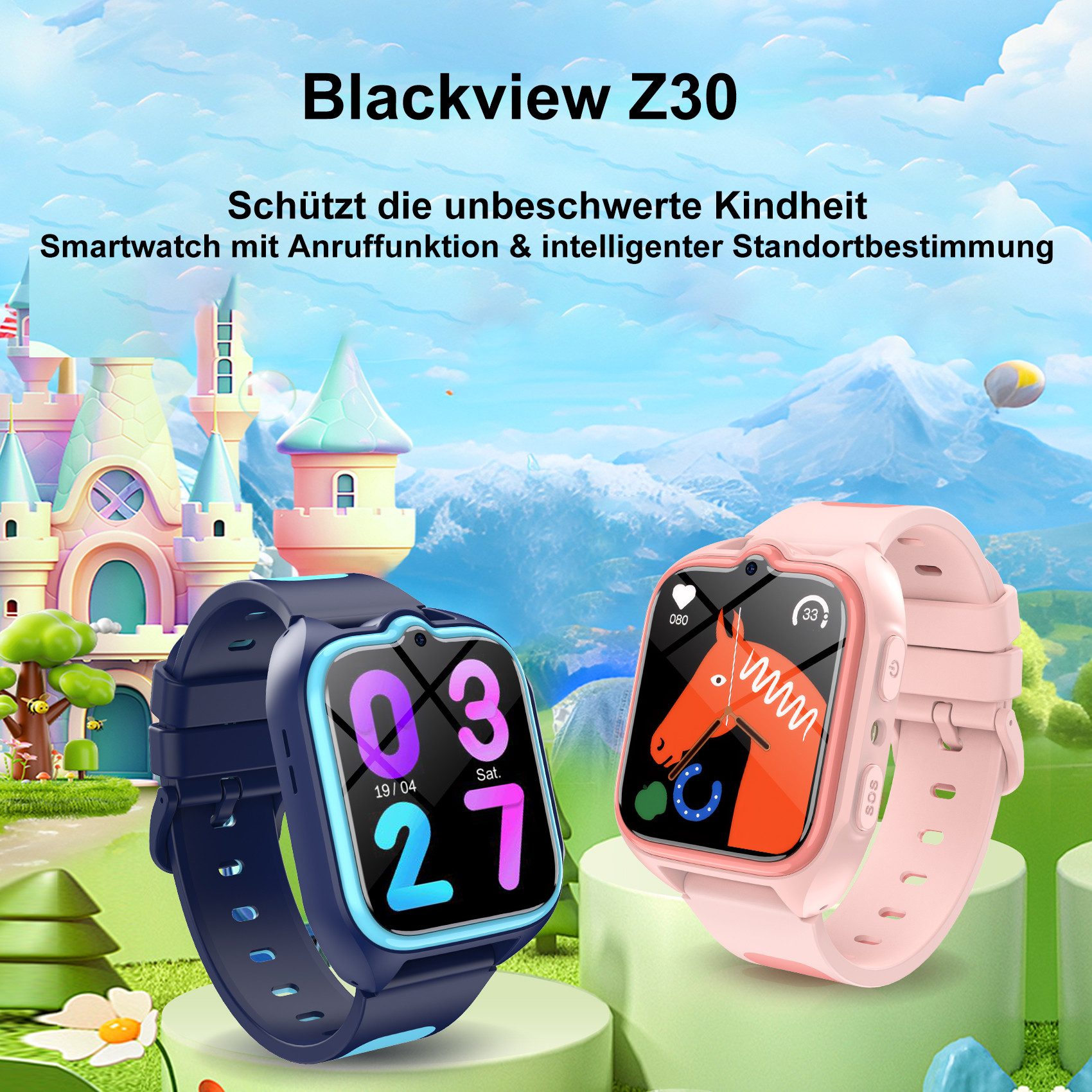 blackview Smartwatch Kinder mit SIM-Kartensteckplatz, LBS+WLAN+GPS-Tracker, 4G Smartwatch (1.75 Zoll, IOS/Android), Magnetisches Ladekabel, Smartwatch-Gehäuse mit Nackenband, Taschenlampe, SOS Notruf, Schulmodus, Telefonanruf, Sprachchat, IP67