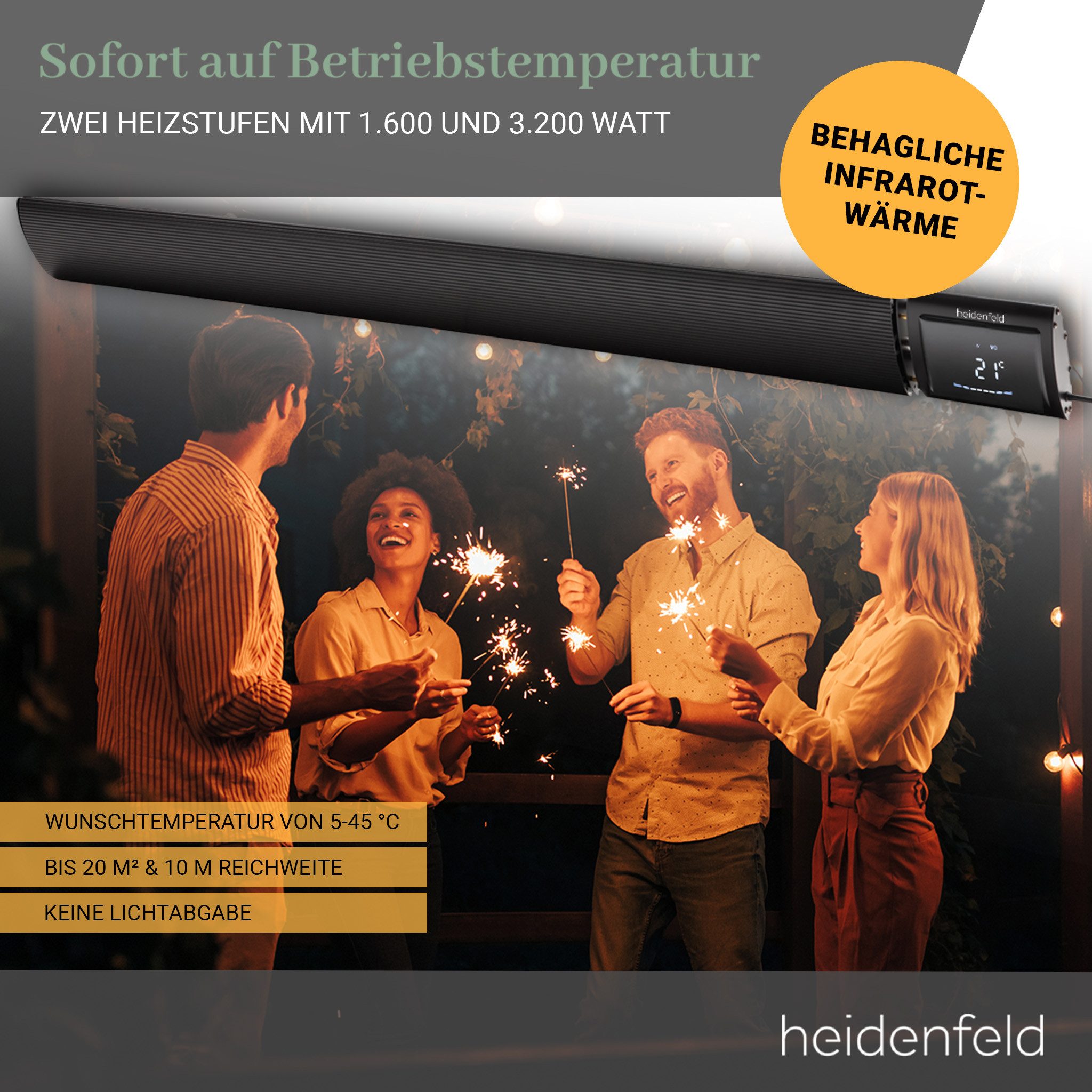 Heidenfeld Heizstrahler Dunkelheizstrahler Heizstrahler Terrasse Inferno DH700, 3200 W, Infrarot Wärmestrahler 3200W - 2 Heizstufen - App Steuerung