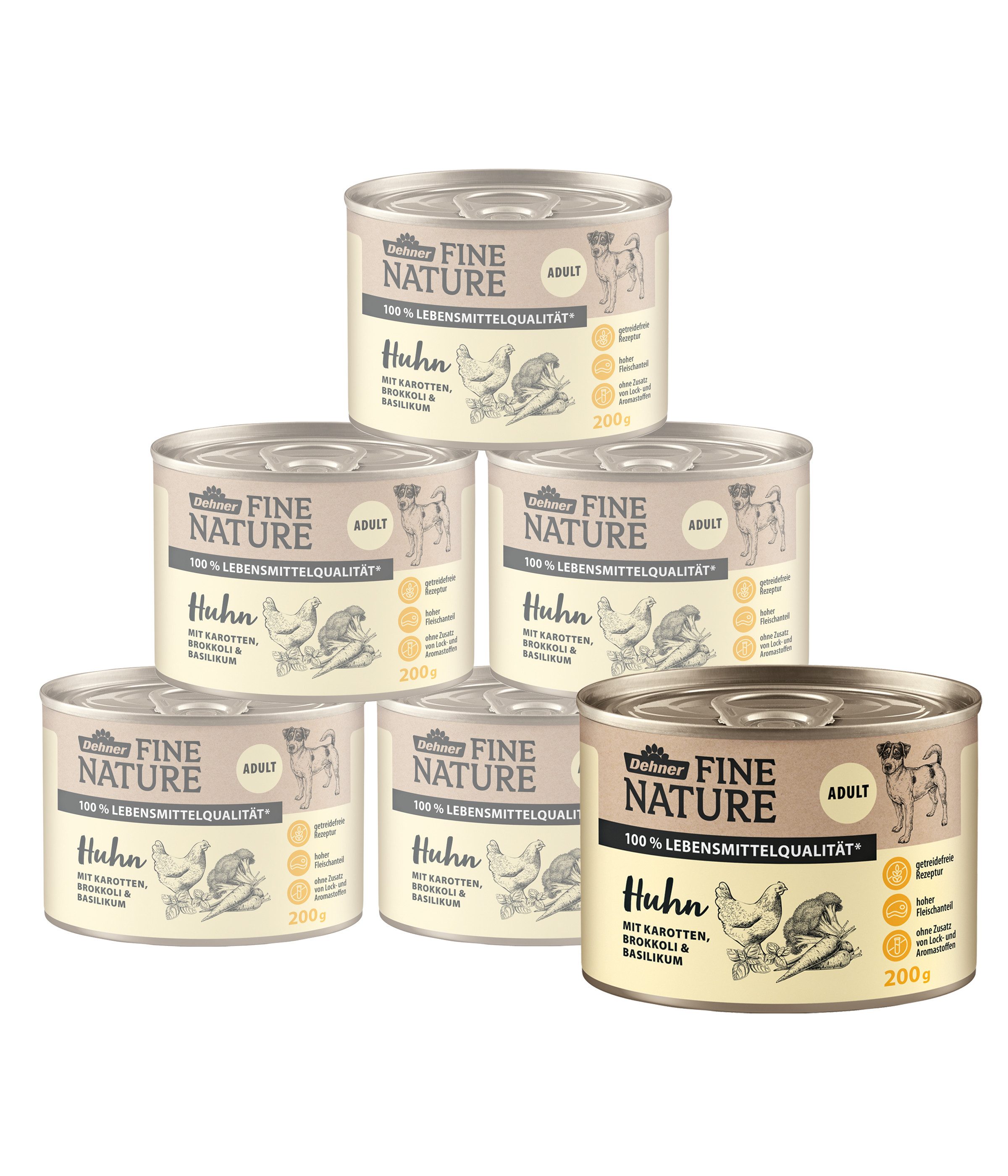 Dehner Fine Nature Adult Huhn, 6 x 200 g / 400 g / 800 g Dose, getreidefrei Huhn, Nassfutter für: Hunde, Nassfutter für ausgewachsene Hunde, Lebensmittelqualität
