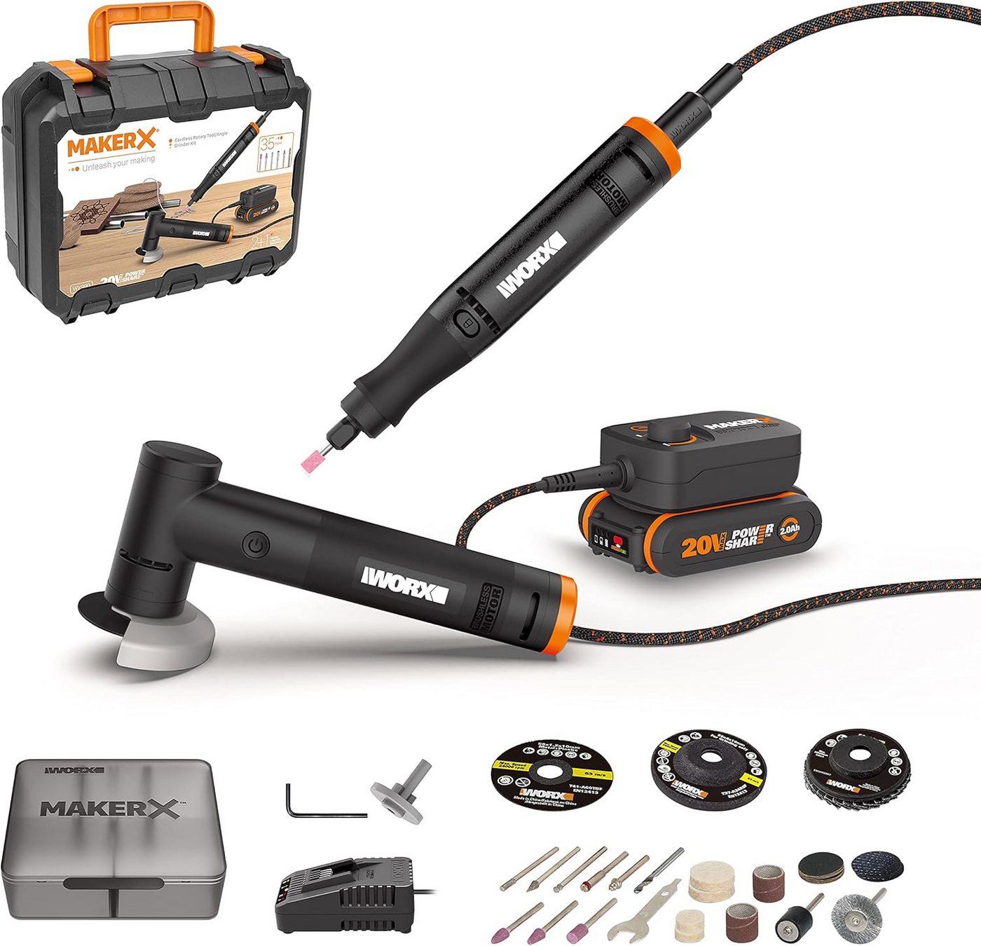 Worx Multitool WORX MakerX Akku Multifunktionswerkzeug Set WX990 Winkelschleifer, (5 St)