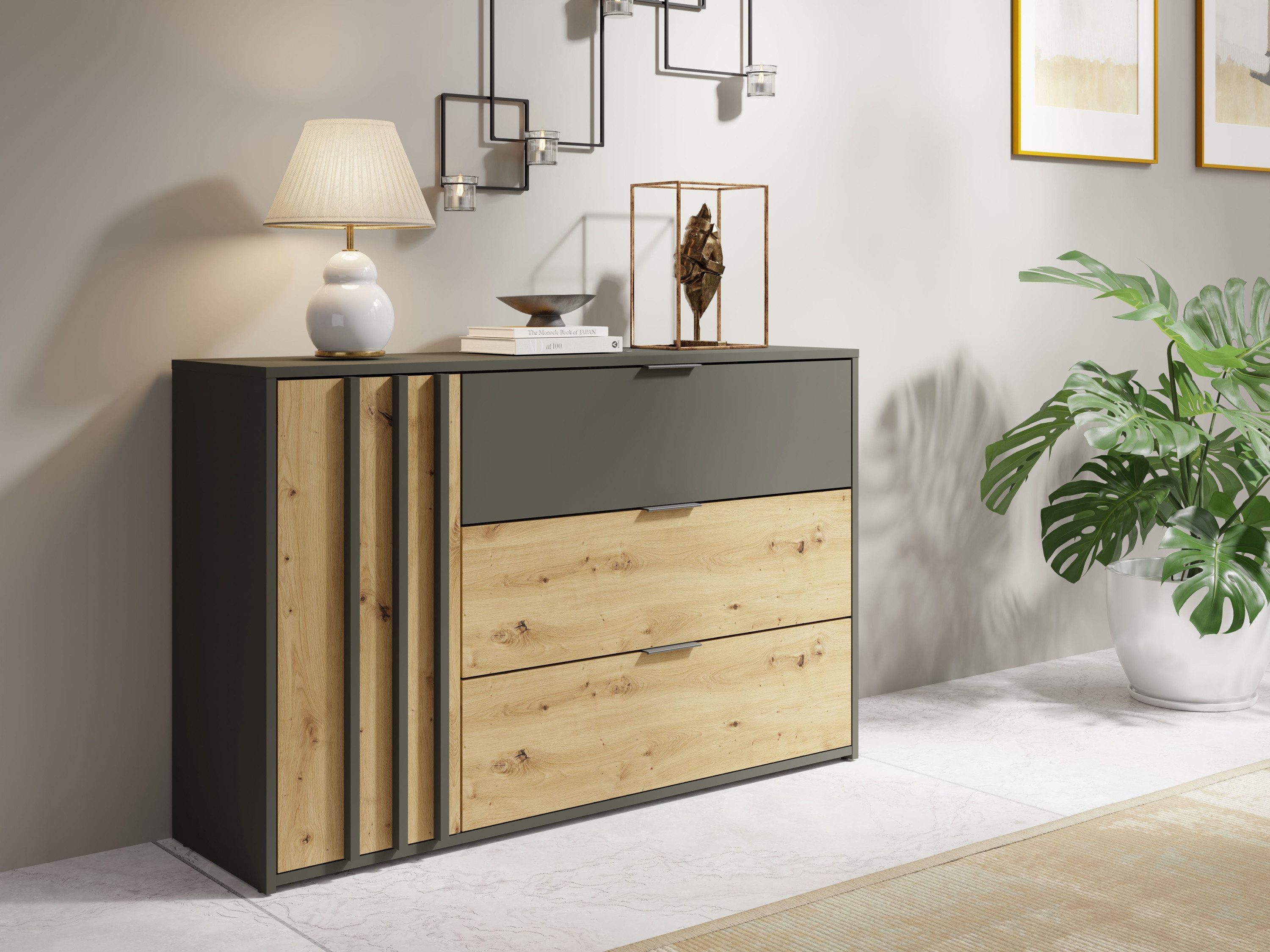 Raumhirsch Furniture Kommode Sideboard, Wohnschrank, Anrichte, praktisch Schrank (Maße: 125 x 79,8 x 36,5 cm, Gewicht: 43 kg (1 Tür, 3 Schubladen), Lamellenfront, dezente Griffe, viel Stauraum